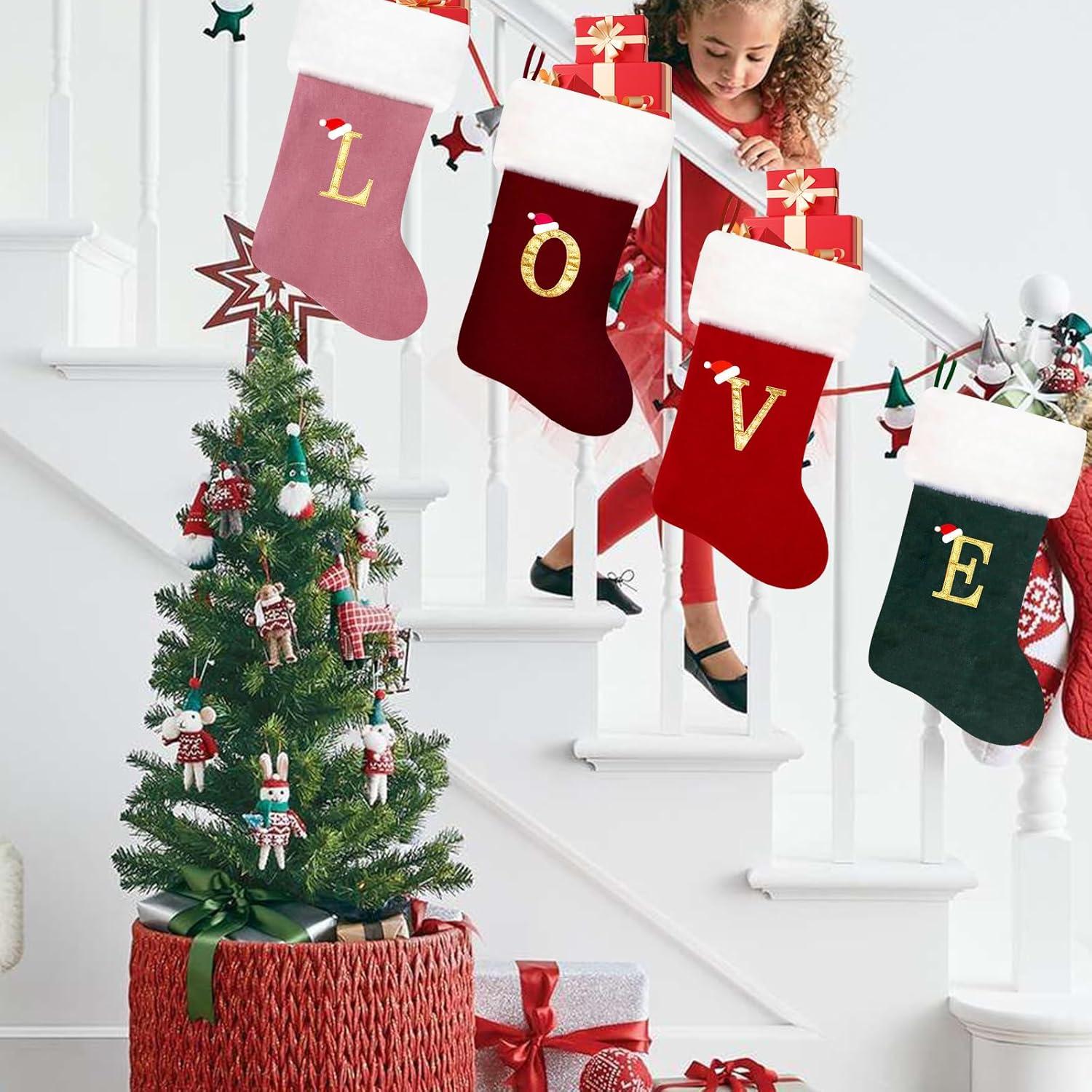 20 Inches Monogram Christmas Stockings White Velvet with White Super Soft Plush Cuff Embroidered Xmas Stockings Classic Personalized Stocking Decorations for Family Holiday Season Decor(R)