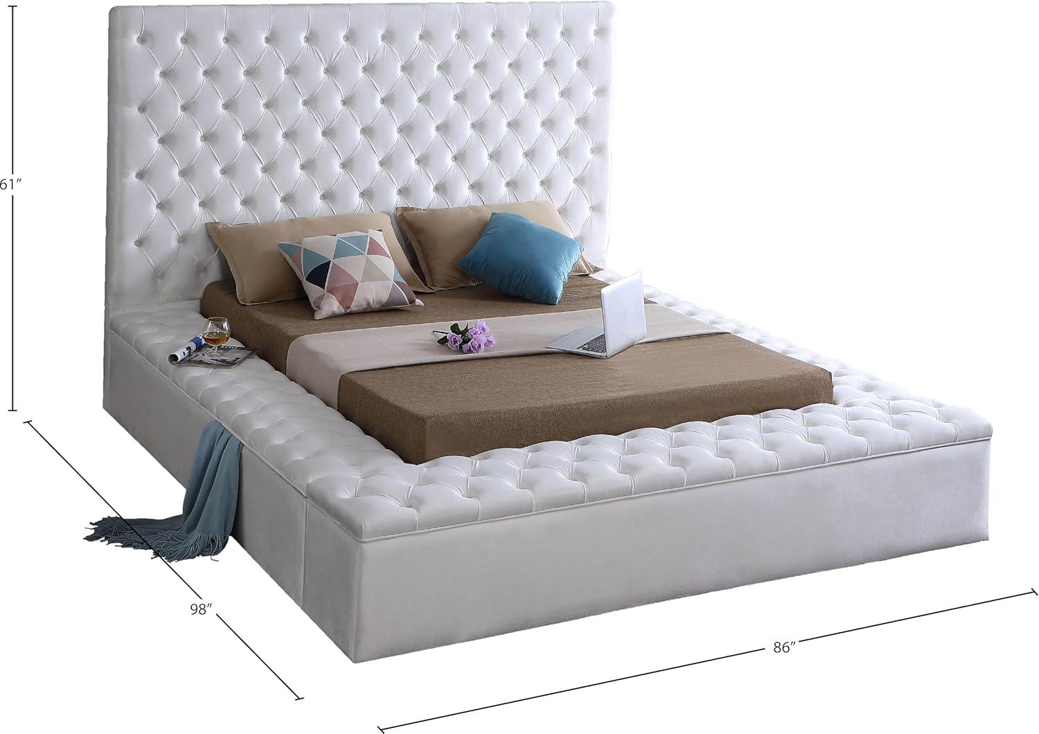 Bliss White Velvet Queen Upholstered Storage Bed with Tufted Headboard