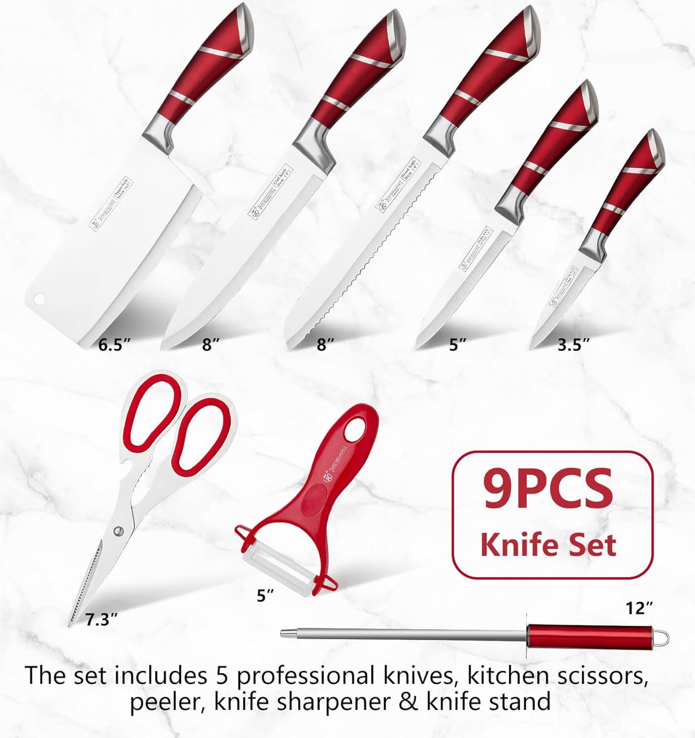 Kitchen Knife Set, 9-Pieces Red Coated Knife Block Set, Stainless Steel Chef knife Set with Sharpener Peeler Scissors, Sharp Non-Stick Knives Set with Rotatable Holder for Cutting Slicing Dicing