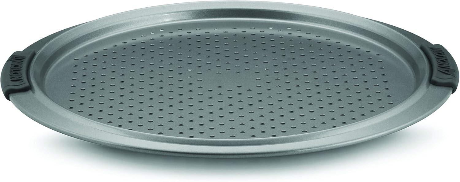 Gray Nonstick Round Perforated Pizza Pan with Silicone Grips