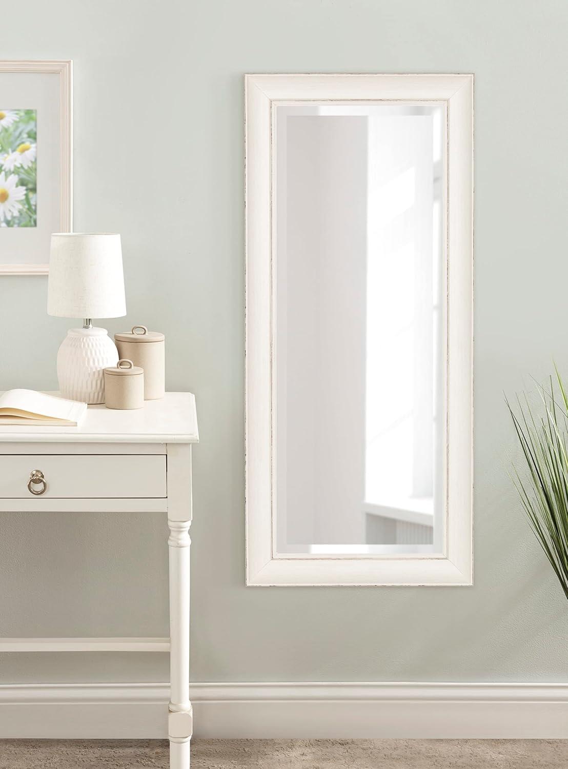 Macon Distressed Soft White Full Length Beveled Wall Mirror 16x36