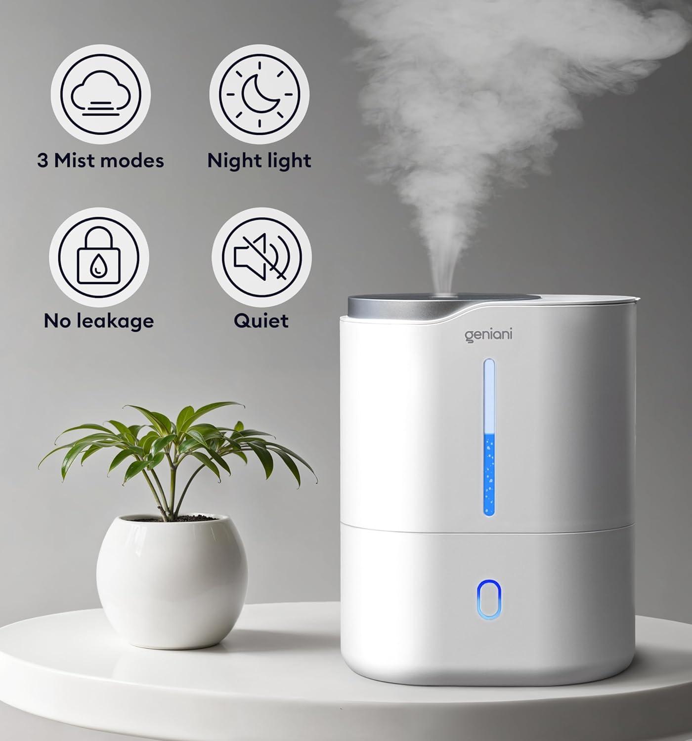 GENIANI Ultrasonic Cool Mist Humidifier for Bedroom, Large Rooms, Home, 4L - Easy Fill & Clean Humidifier for Plants w/Auto Shut-off, 40H Runtime - Quiet, Top Fill Air Humidifier