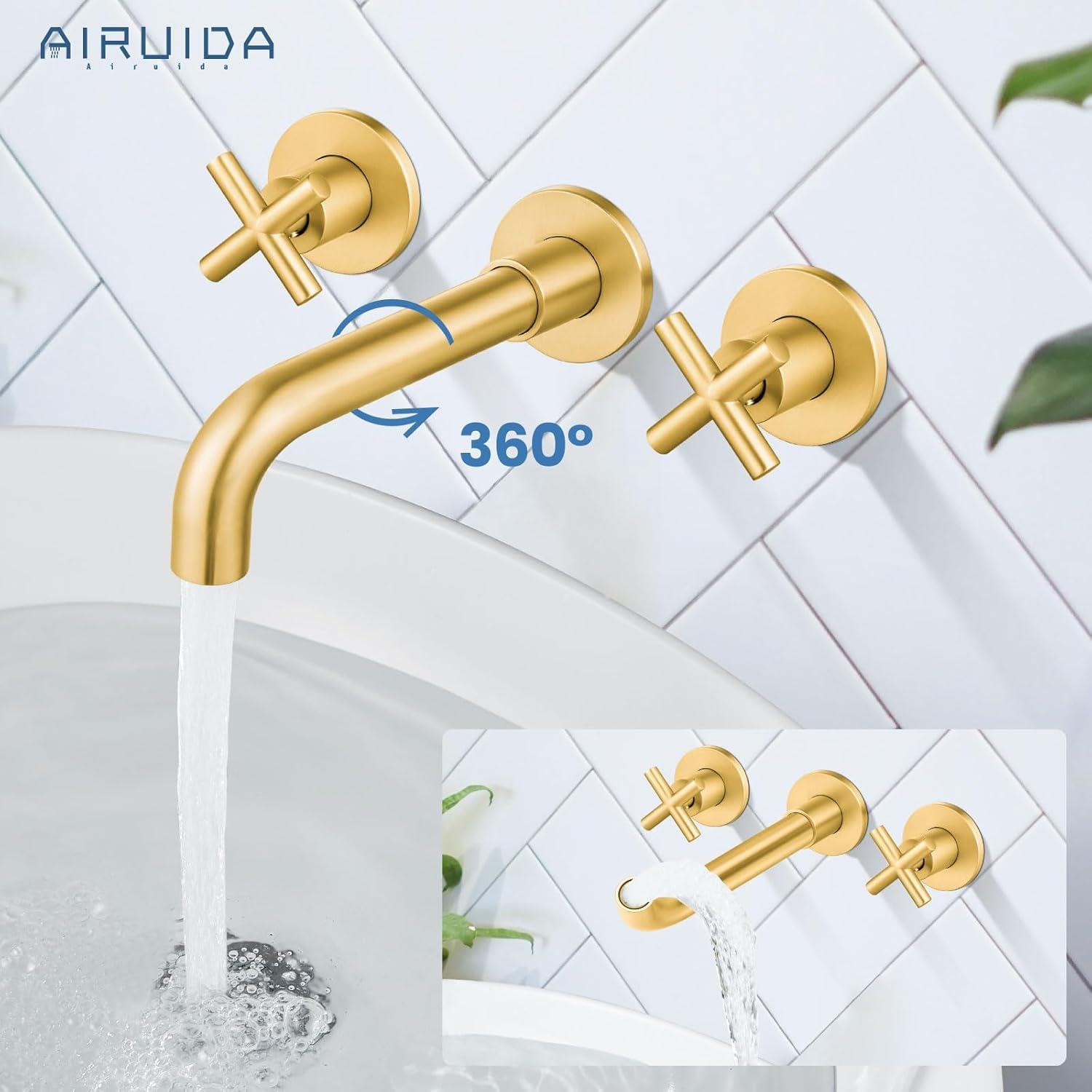 Brushed Gold Wall Mounted Bathroom Faucet with Dual Cross Handles