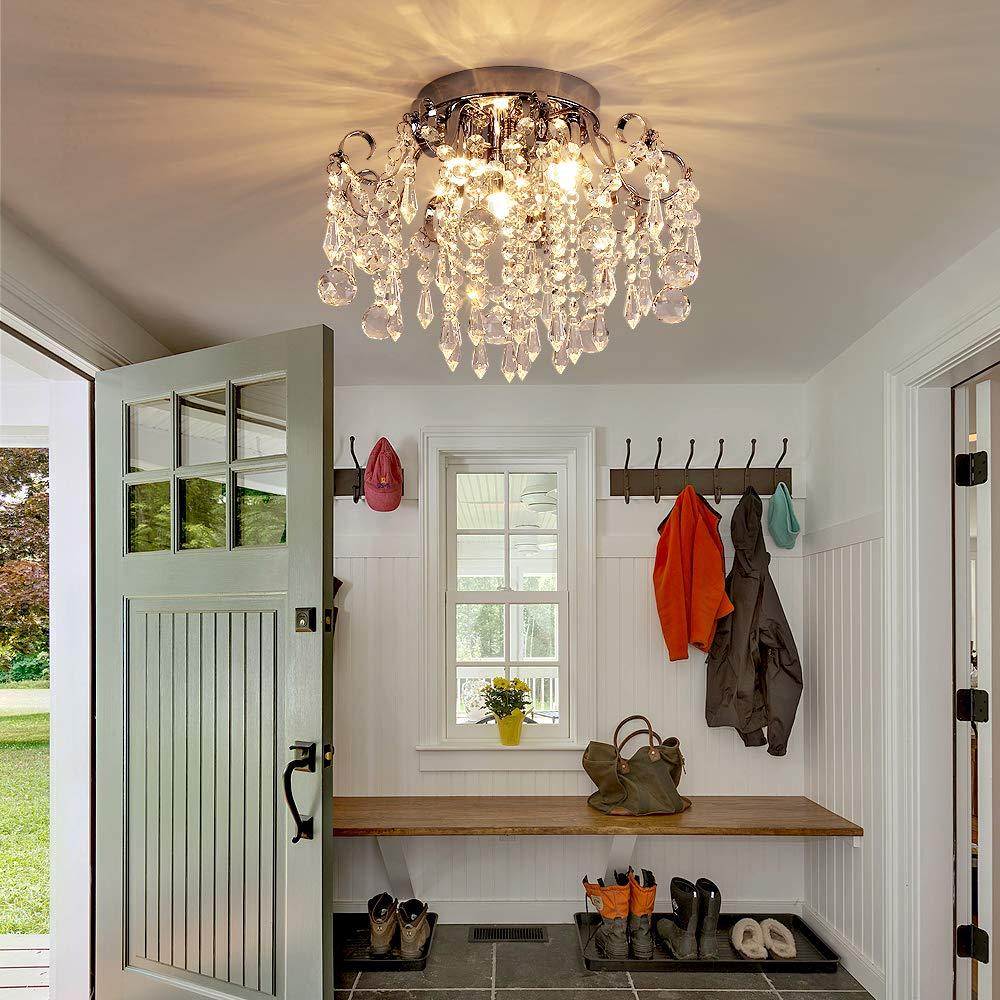 Q&S Small Crystal Chandelier Flush Mount Ceiling Light 3 Lights Modern Chrome Iron Raindrop Crystal Ceiling Fixture for Bedroom Hallway Closet Entryway Stairs