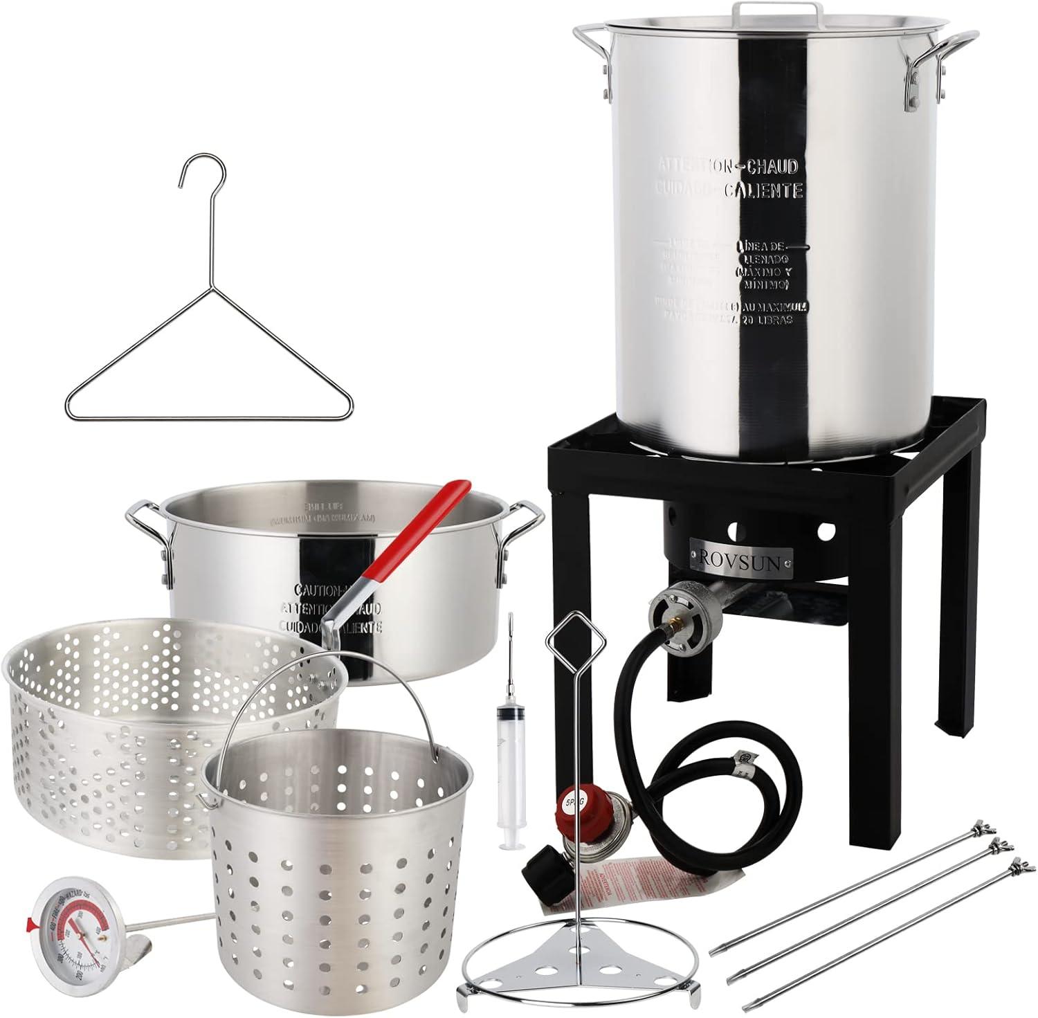 ROVSUN 30QT Turkey Fryer & 10QT Fish Fryer Kit w/ 55,000BTU Propane Stove, Aluminum Outdoor Deep Fryer & Seafood Boiler Steamer w/Baskets, Thermometer, Marinade Injector, Turkey Rack & Rack Lifter