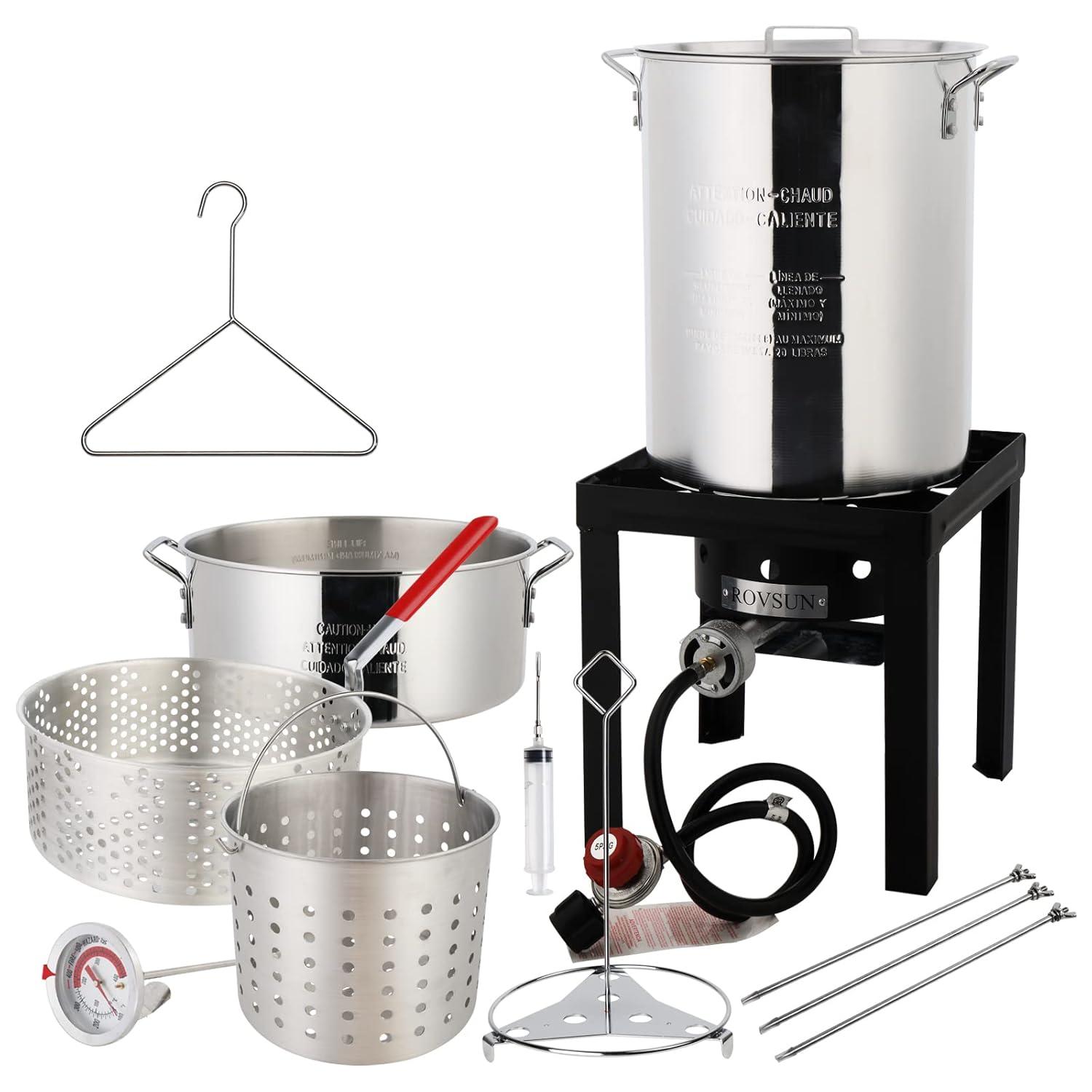 ROVSUN 30QT Turkey Fryer & 10QT Fish Fryer with 55000BTU Propane Burner, Outdoor Deep Fryer & Seafood Crawfish Boiler Steamer Pot with Thermometer, Marinade Injector, Turkey Rack & Rack Lifter
