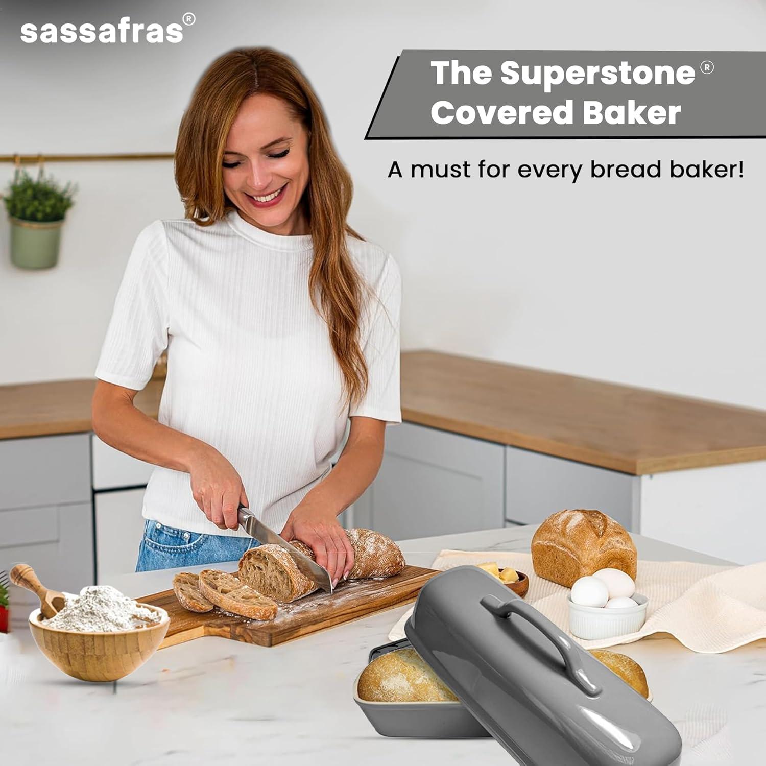 Sassafras Superstone® Covered Bread Baker with Lid - Bisque Glazed Exterior and Unglazed Interior Stoneware Bakeware - Bakes an Artisan Italian Bread with Crusty Crust and a Light Crumb