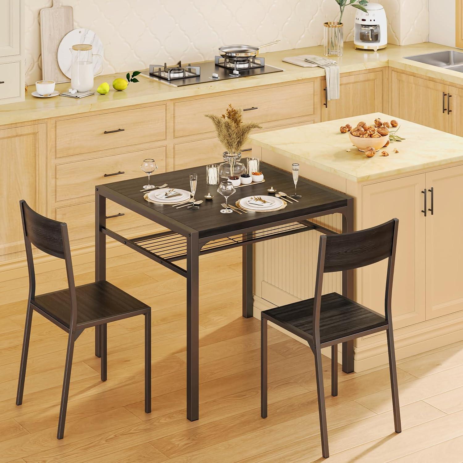 Gizoon 3 Piece Kitchen Table, Dining Table with 2 Chairs Set for Small Space Black