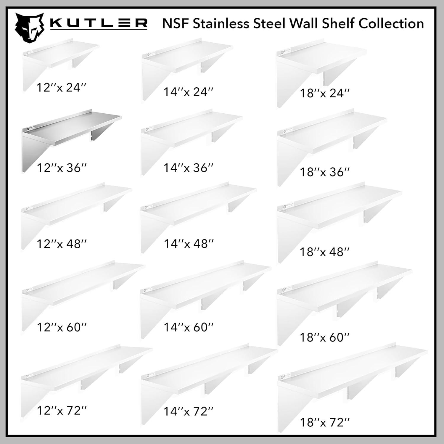 KUTLER Stainless Steel Shelf, NSF Commercial Wall Mount Shelves w/ Backsplash, Floating Metal Mounted Shelving for Restaurant, Kitchen, Home