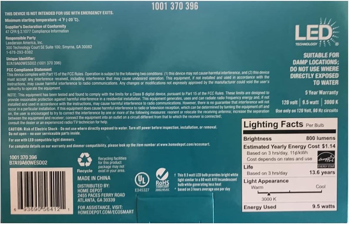EcoSmart LED 8.5W (60W Equivalent) Daylight General Purpose Led Lights, Dimmable (4 Pack)
