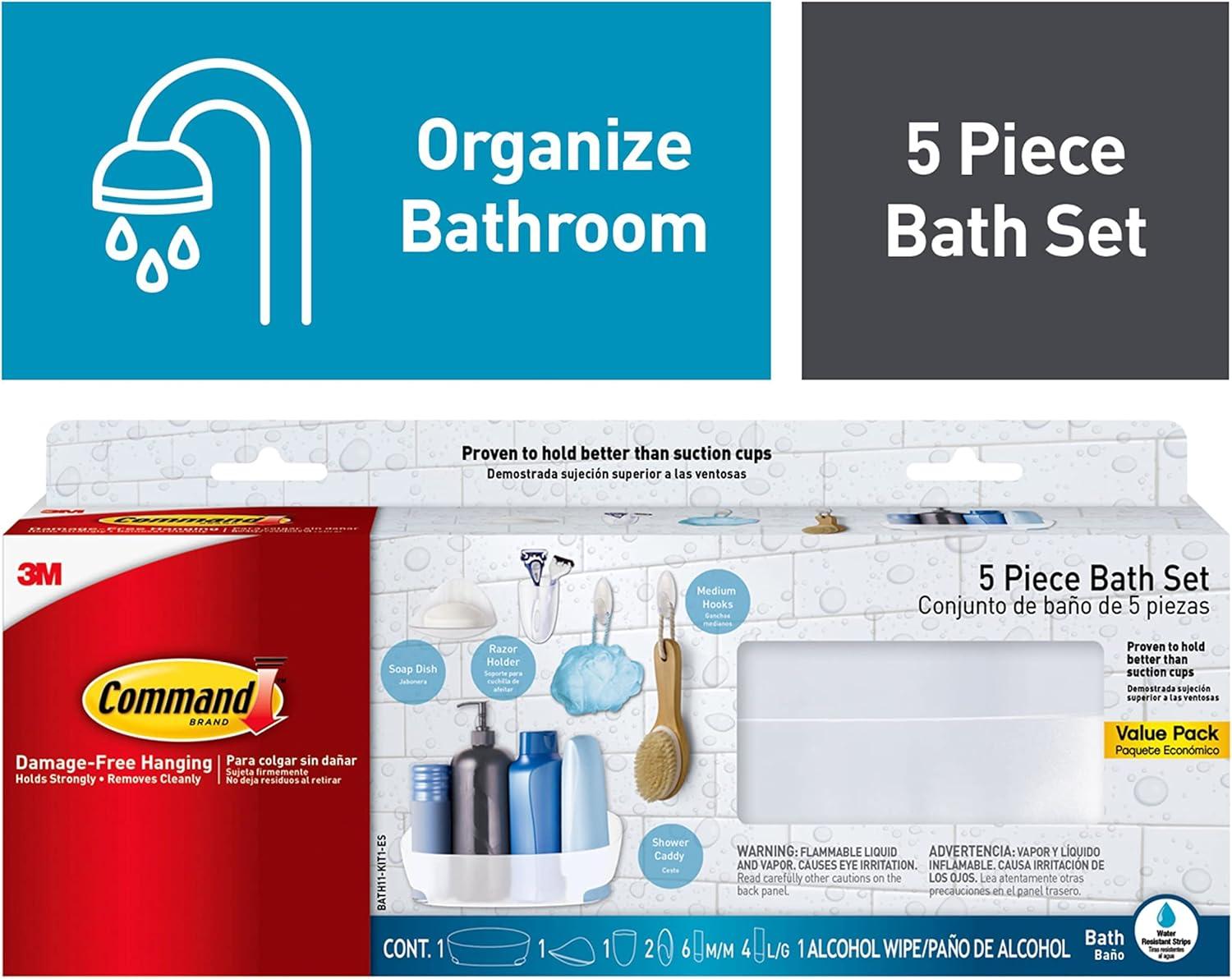 Command 5 Piece Bath Set, 1 Caddy, 1 Soap Dish, 1 Razor Holder, 2 Medium Hooks