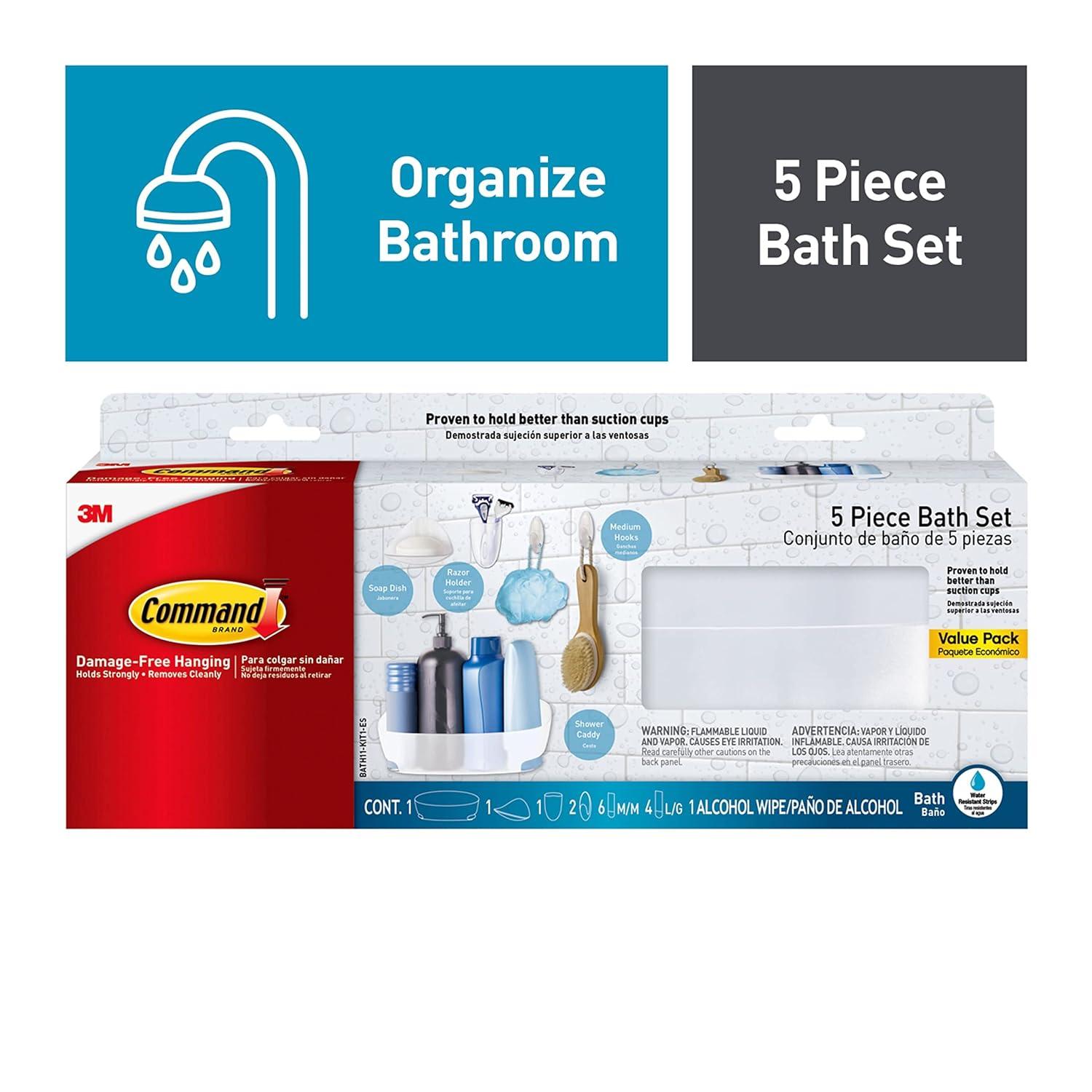 Command 5 Piece Bath Set, 1 Caddy, 1 Soap Dish, 1 Razor Holder, 2 Medium Hooks