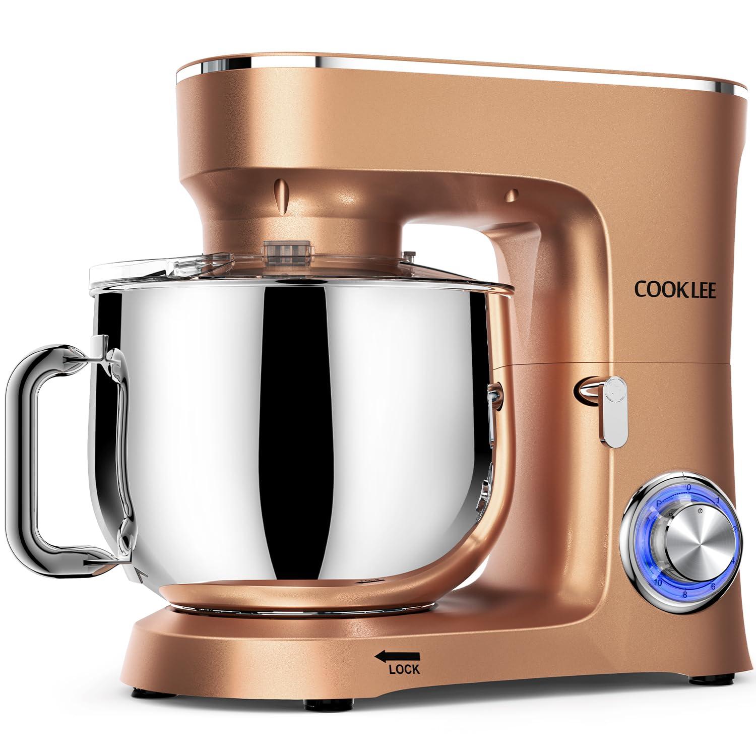 COOKLEE Stand Mixer, 9.5 Qt. 660W 10-Speed Electric Kitchen Mixer with Dishwasher-Safe Dough Hooks, Flat Beaters, Wire Whip & Pouring Shield Attachments for Most Home Cooks, Champagne