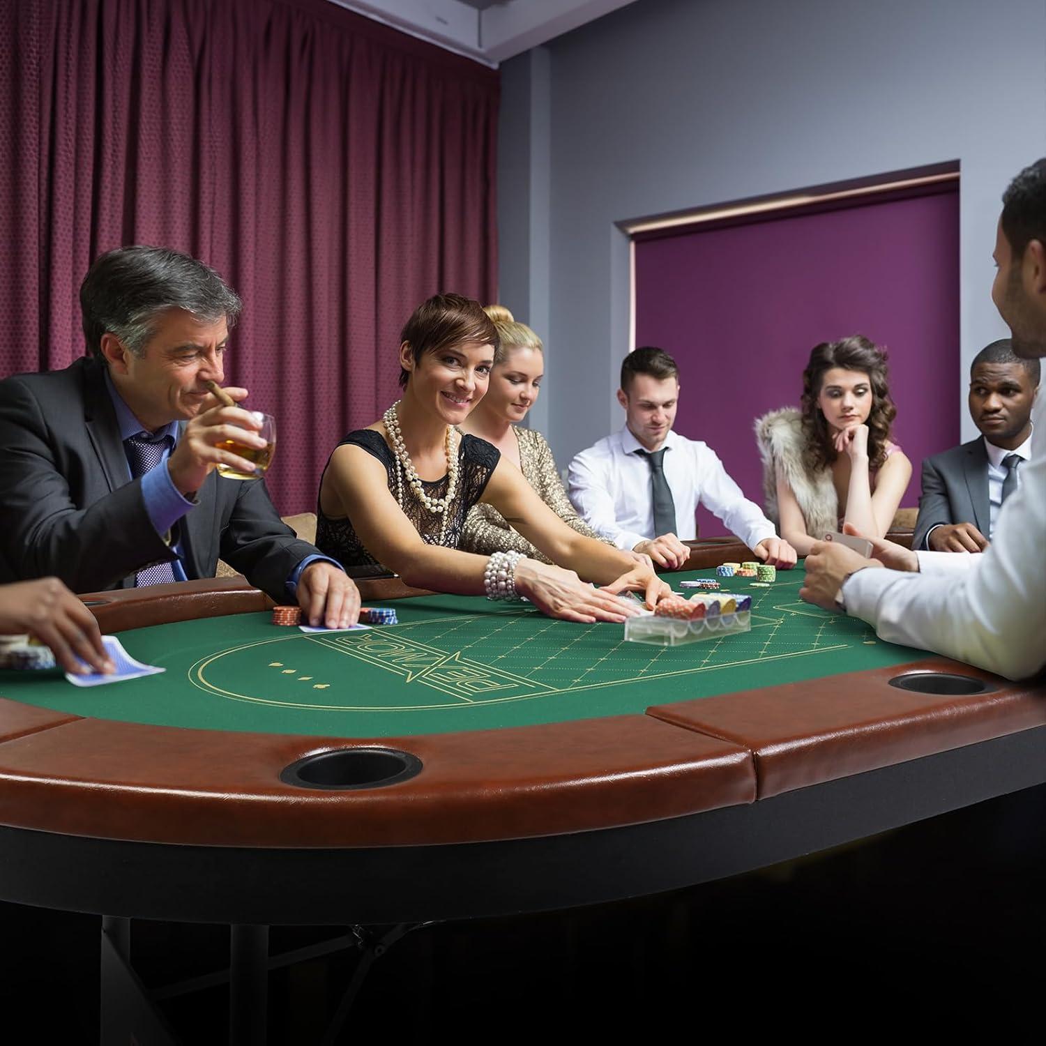 Green Foldable 10-Player Poker Table with Leather Padded Rails