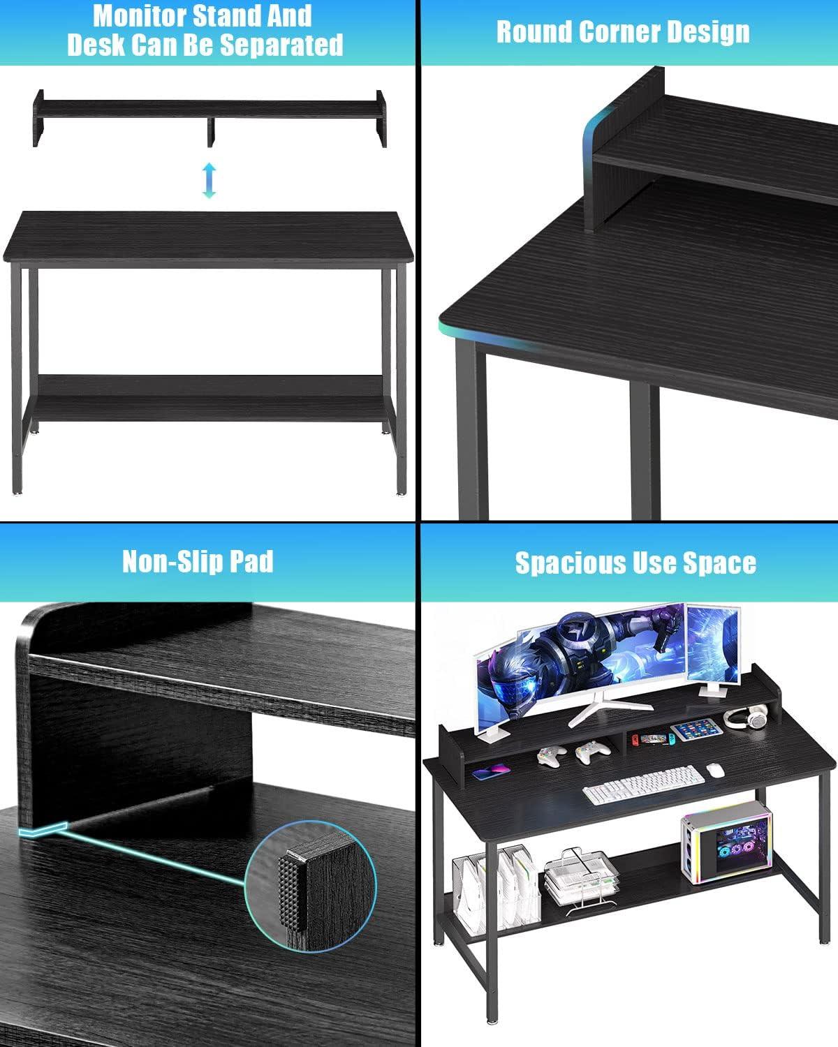 Computer Desk with Shelves, 43 Inch Gaming Writing Desk, Study PC Table Workstation with Storage for Home Office, Living Room, Bedroom, Metal Frame, Black.