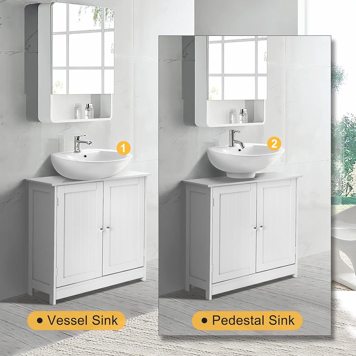 White Engineered Wood Pedestal Bathroom Sink Cabinet with Slatted Doors