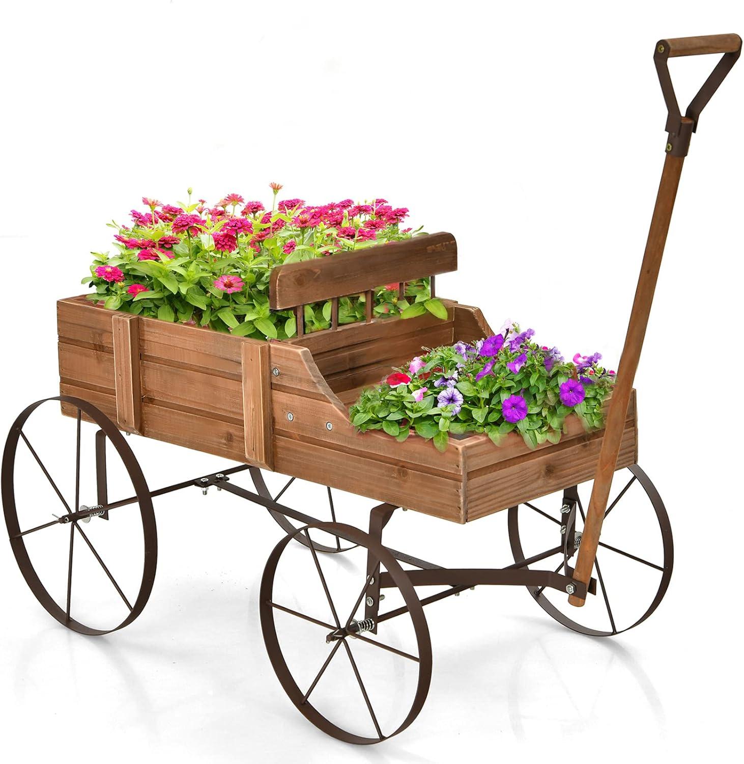 Rustic Fir Wood Wagon Planter with Metal Wheels