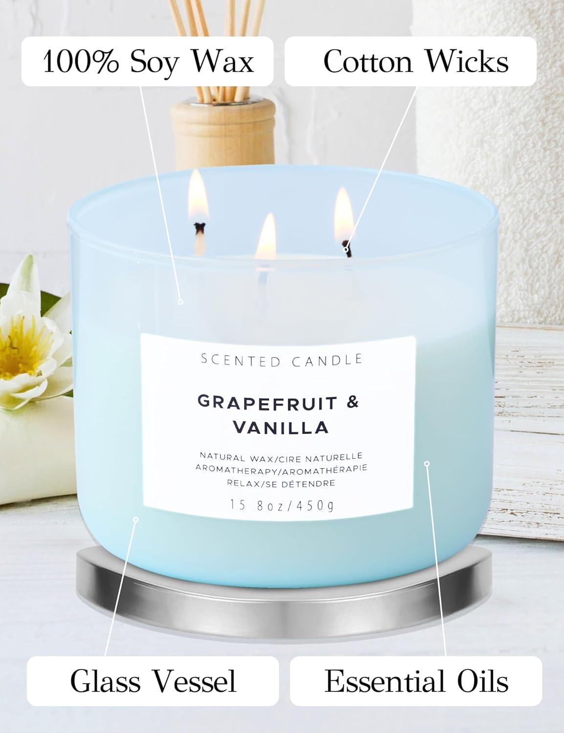 Grapefruit Vanilla Aromatherapy Candle 3 Wick Large Soy Scented Candles for Men and Women 15.8 Oz
