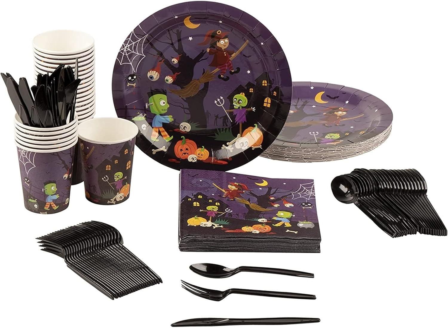 Blue Panda 144 Piece Spooky Halloween Disposable Party Supplies Serves 24 - Plates, Napkins, Cups & Cutlery