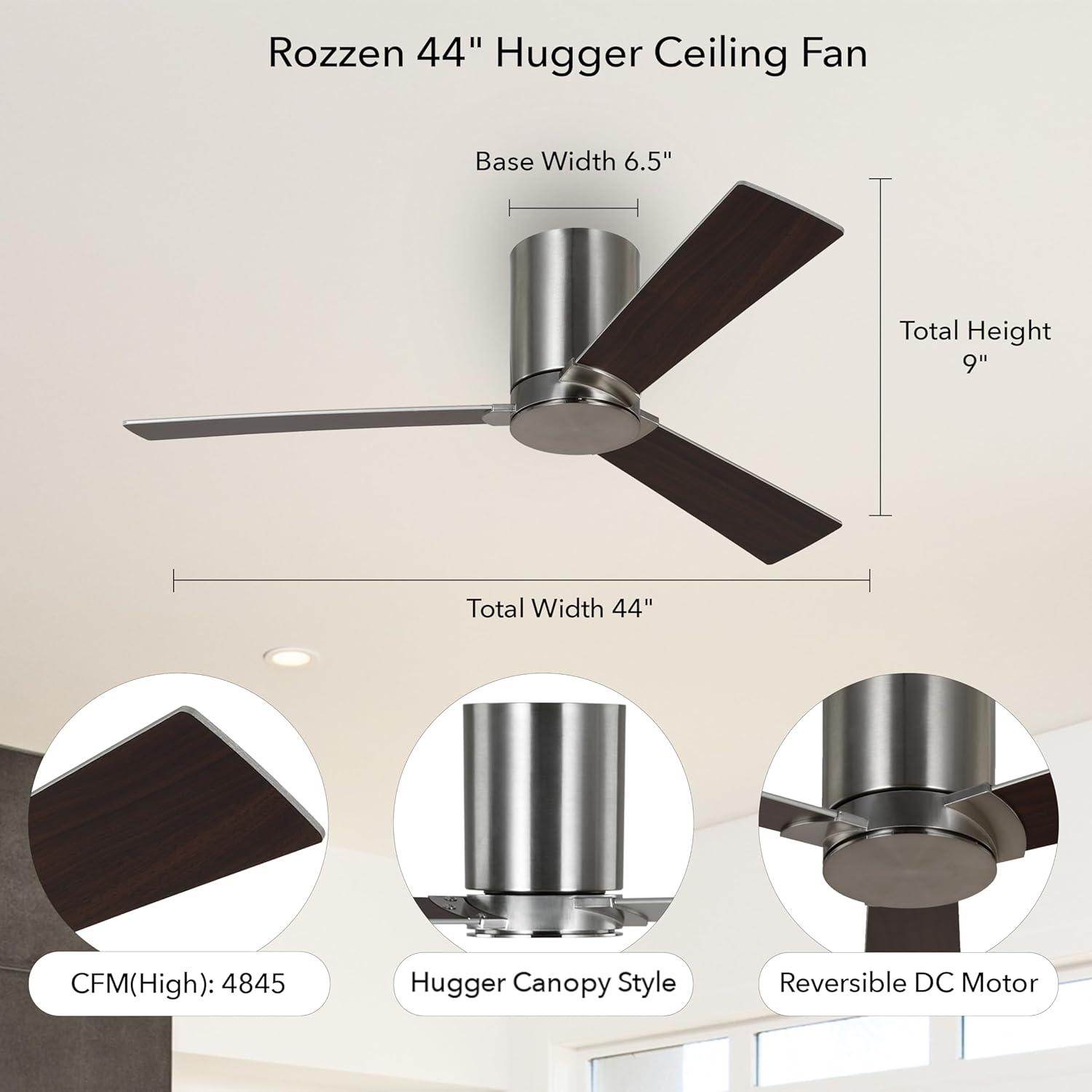 Rozzen 44 in. Modern Hugger Brushed Steel Ceiling Fan with Silver/American Walnut Blades, DC Motor and Remote