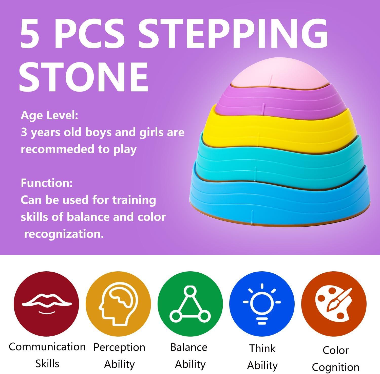 5 Pcs Stepping Stones for Kids, Balance River Stones Toy for Toddlers, Non-Slip Rubber Edges & Plastic Surface, Children's Sensory Obstacle Courses