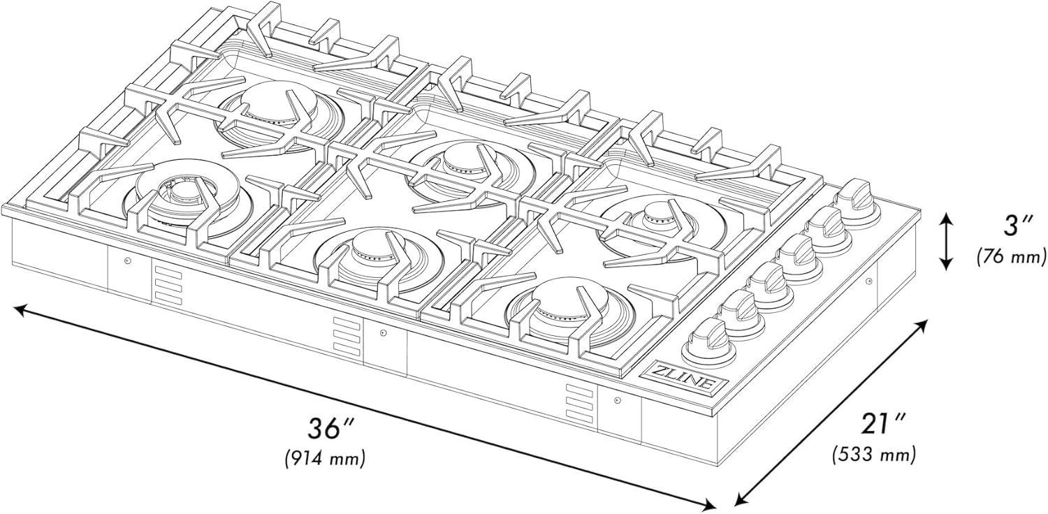 ZLINE 36" Gas Cooktop with 6 Gas Brass Burners and Black Porcelain Top