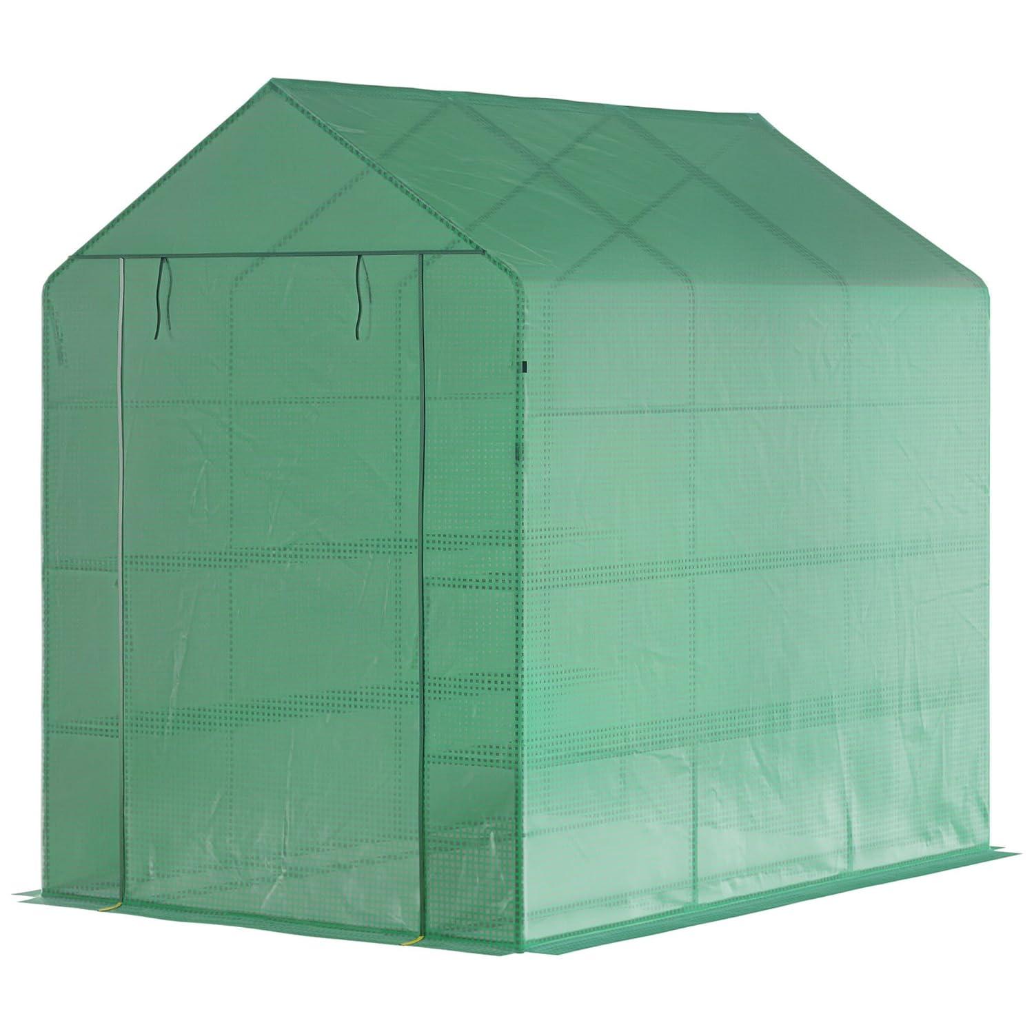 Outsunny 84.25" x 56.25" x 76.75" Walk-in Greenhouse, 2-Tier Shelves, Steel Frame Hot house, Roll-Up Zipper Door for Flowers, Vegetables, Green