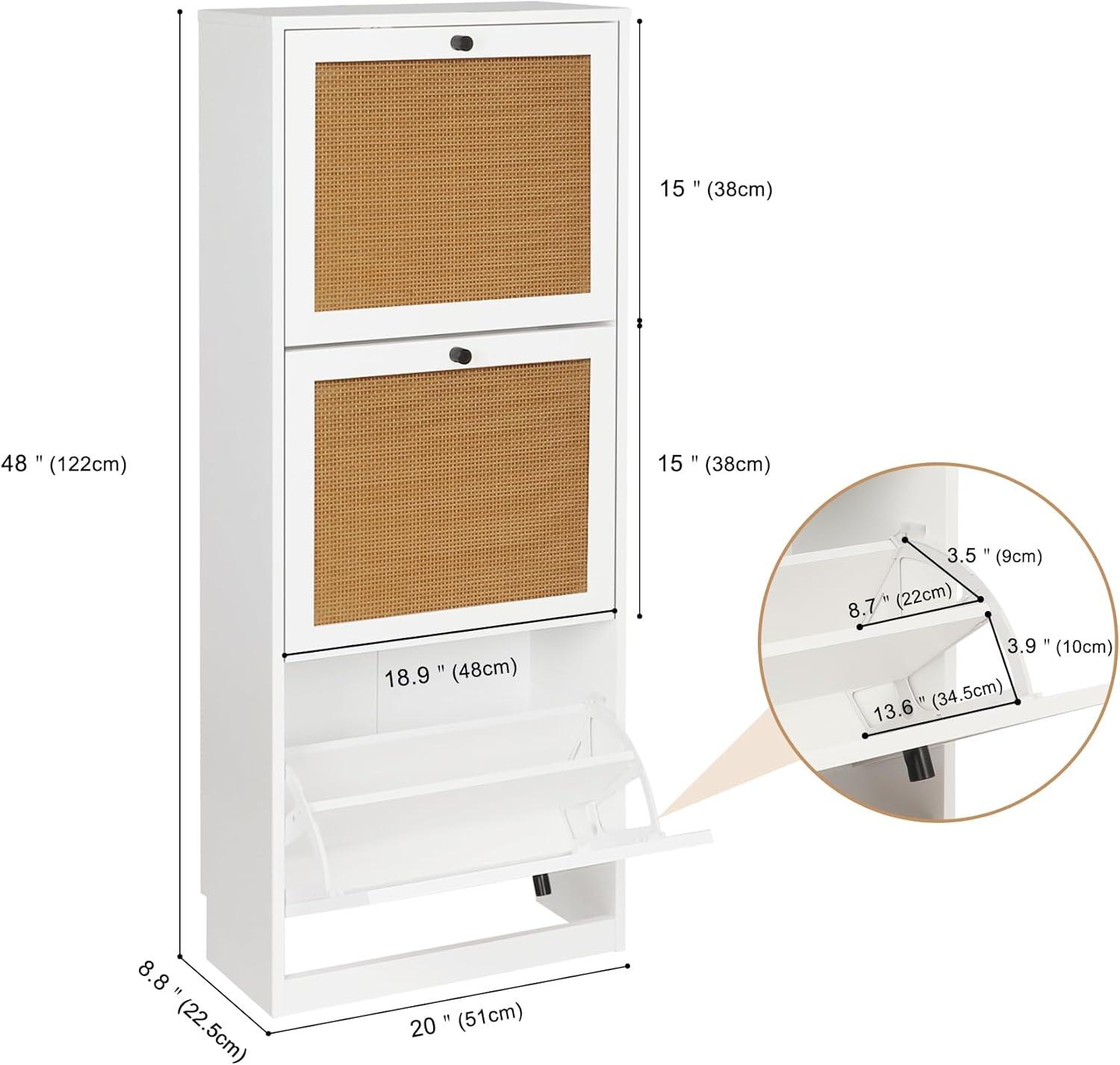 White and Rattan 3-Tier Flip Drawer Shoe Cabinet