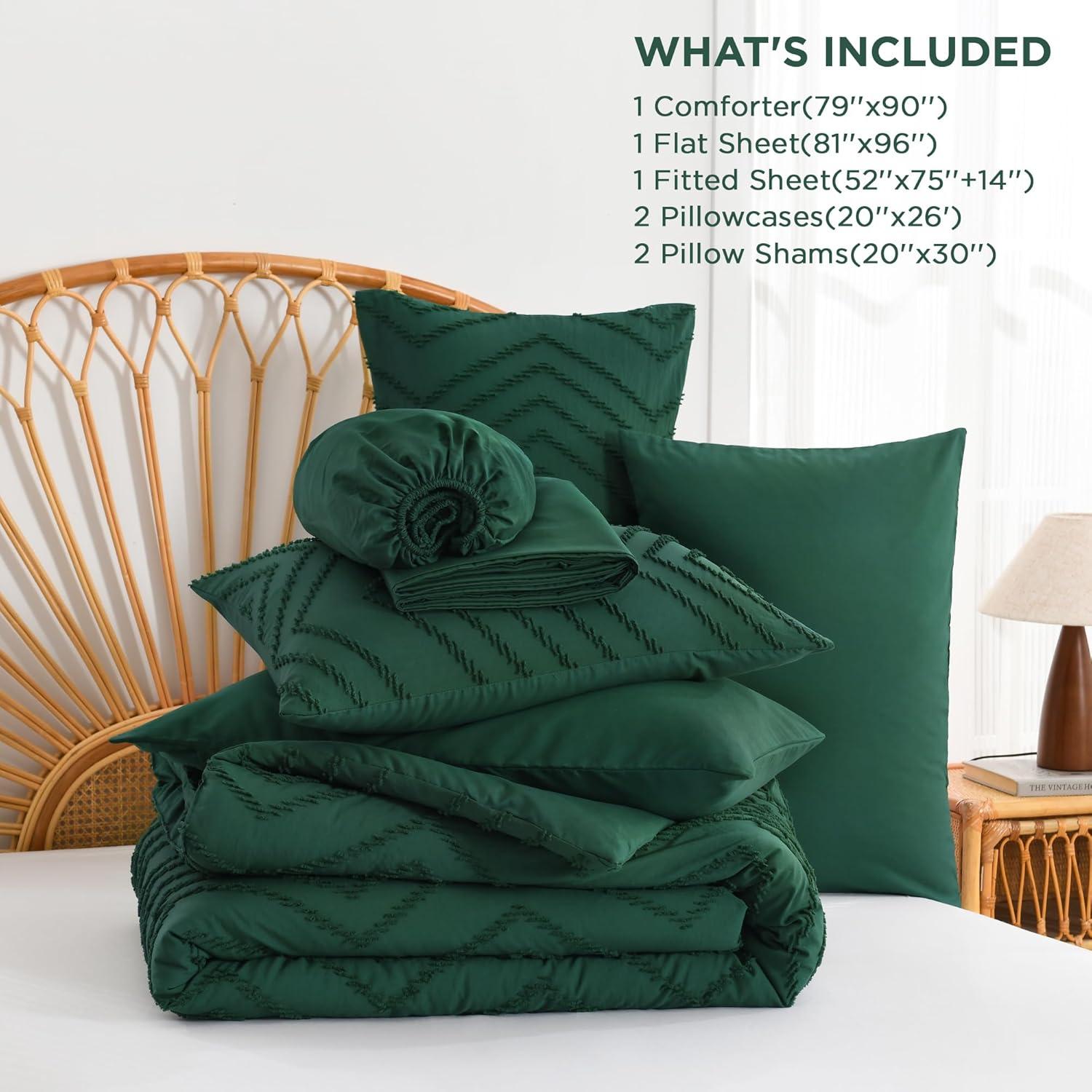 Andency Emerald Dark Green Comforter Set Full, Bed in a Bag 7 Pieces Boho Tufted Bedding Set, All Season Bed Sets with 1 Comforter, 2 Pillow Shams, 2 Pillowcases, 1 Flat Sheet, 1 Fitted Sheet