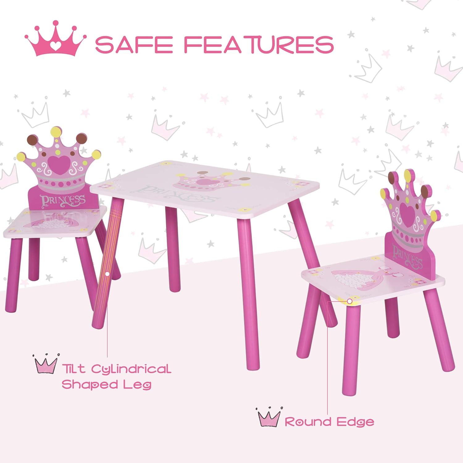 Qaba 3-Piece Kids Wooden Table and Chair Set with Crown Pattern Gift for Girls Toddlers Arts Reading Writing Age 2-4 Years Pink