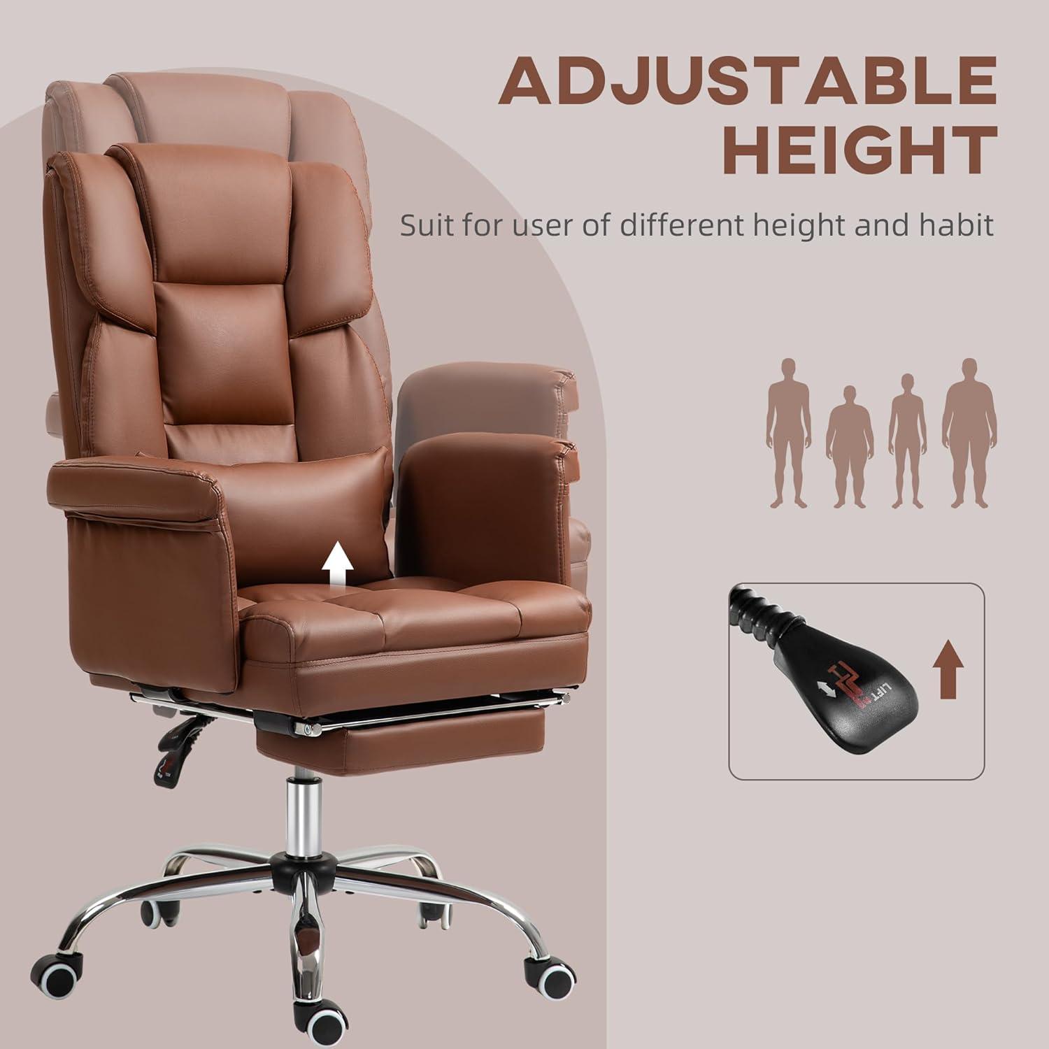 HOMCOM Executive Office Chair with Footrest and Lumbar Support, PU Leather Office Desk Chair, Ergonomic, Reclining and Swivel Chair, Brown