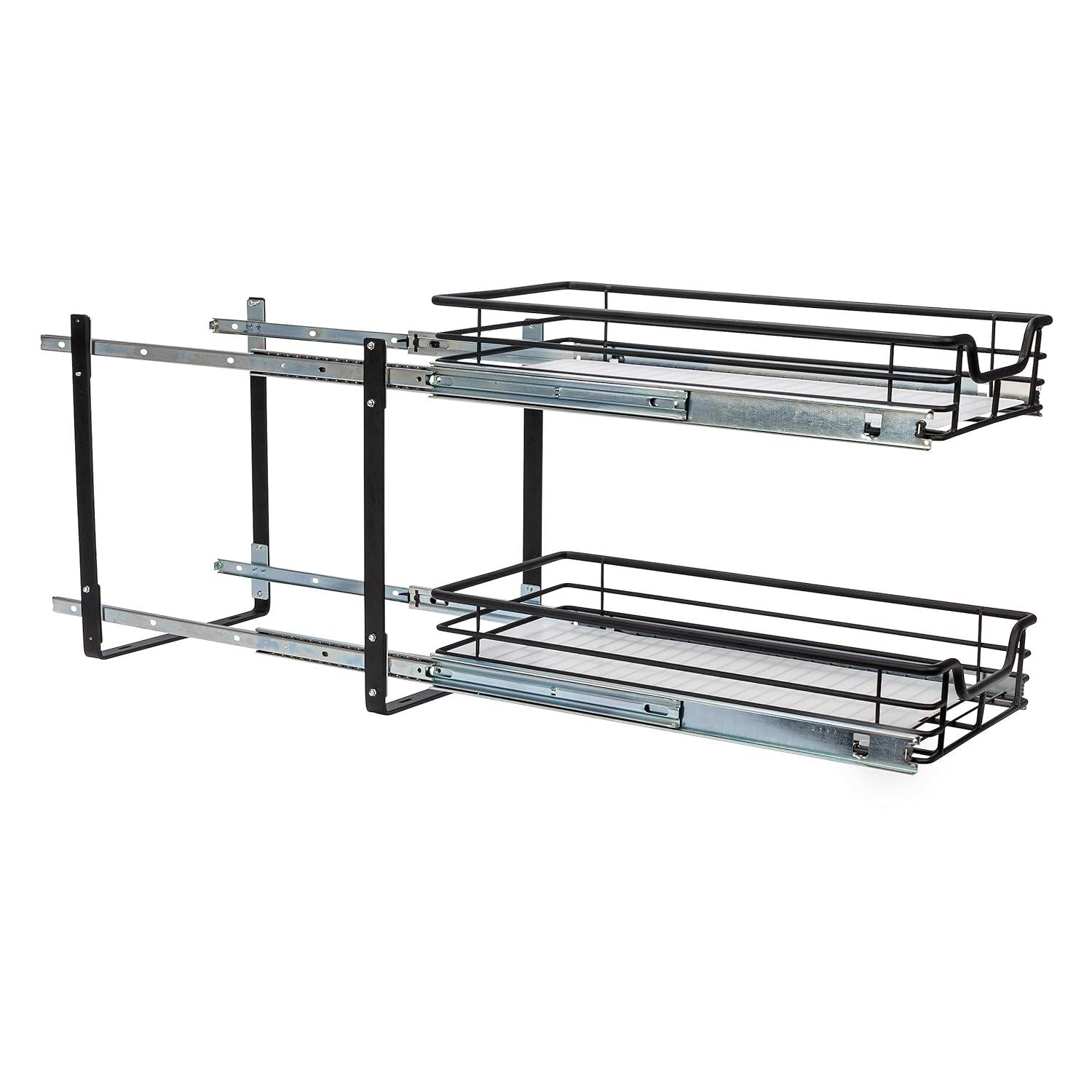 Glidez Multipurpose Paint-Finished Steel Pull-Out/Slide-Out Storage Organizer with Plastic Liners - 2-Tier Dual-Slide Design - Black