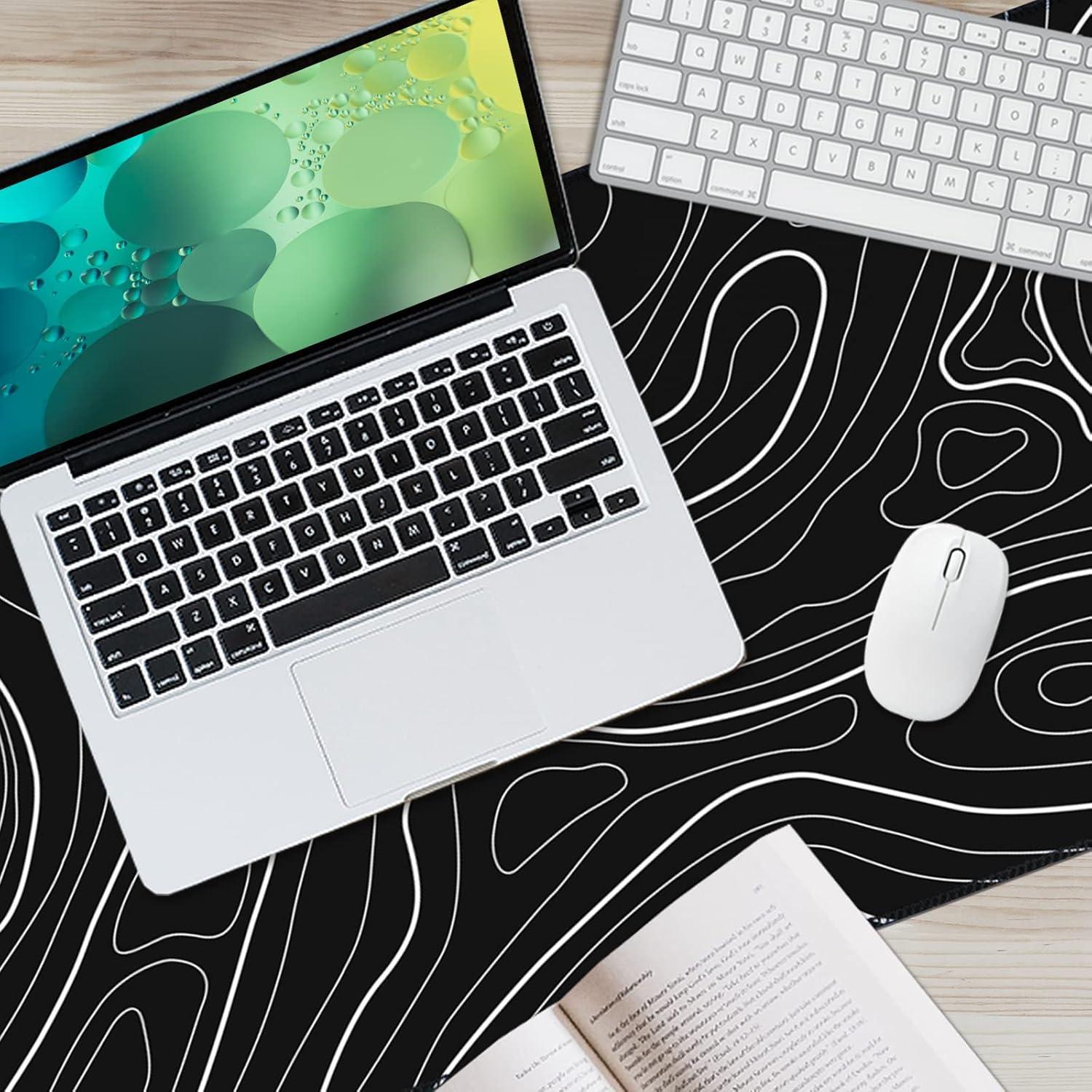 Mouse Pad Gaming Mousepad 31.5 x 11.8in Large Mouse Pad for Keyboard and Mouse with Anti-Slip Rubber Base, Keyboard Pad XL Mouse Mat for Home and Office（Black with White Topographic Line）