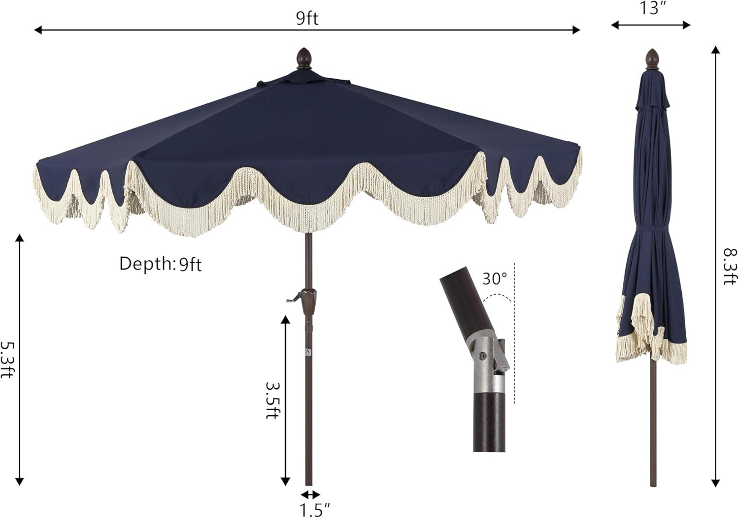 Arlmont & Co. Teretha 9 ft. Classic Cottage Tassel Market Patio Umbrella with Auto-Tilt, Crank, and UV Protection