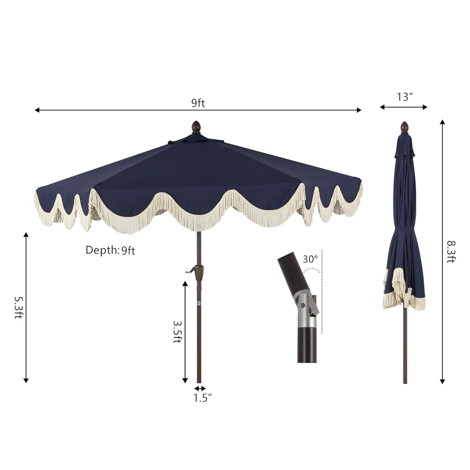 Arlmont & Co. Teretha 9 ft. Classic Cottage Tassel Market Patio Umbrella with Auto-Tilt, Crank, and UV Protection & Reviews | Wayfair