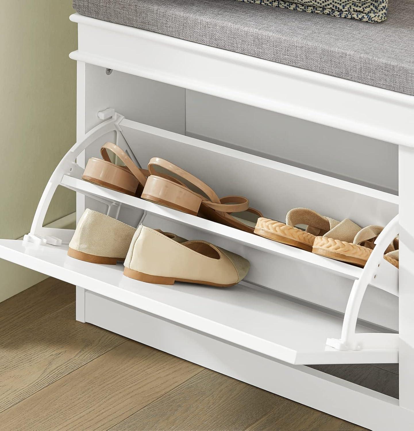 , White Shoe Storage Bench with 2 Flip Drawers & Padded Seat Cushion, Modern Design Shoe Storage Hallway Shoe Cabinet Shoe Bench Slim Entryway Shoe Organizer for Entryway, Bedroom