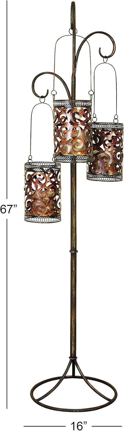 DecMode 3 Holder Brass Metal Scroll Perforated Moroccan Standing Floor Candle Lantern with 3 Suspended Holders