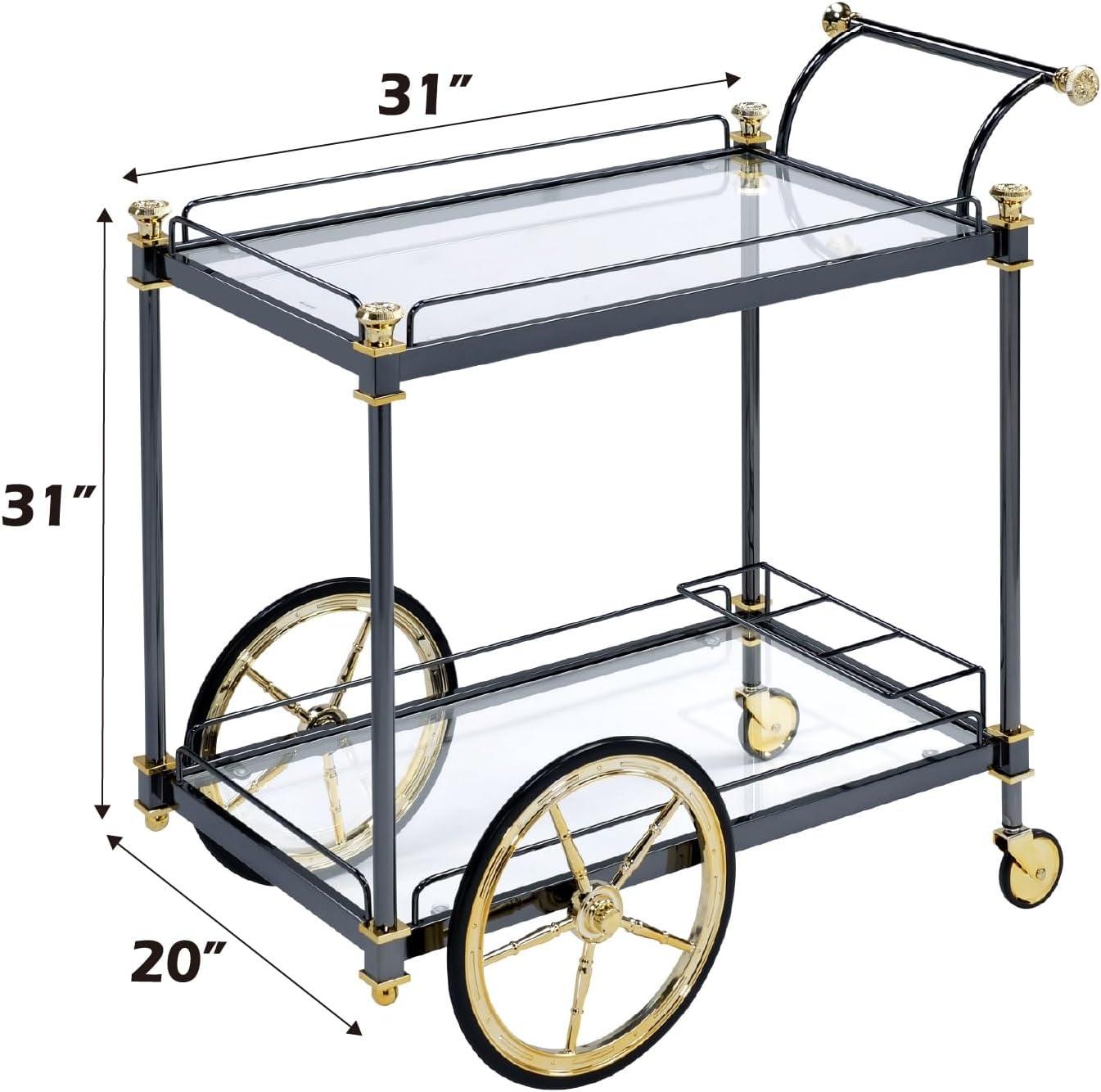 ACME Cyrus Rectangular Glass Top Serving Cart with 2 Shelves in Black and Clear