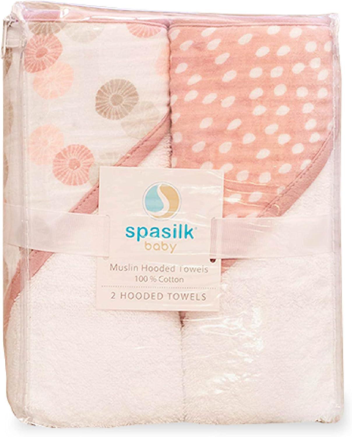 Spasilk Baby Hooded Towel Bath Set, Muslin Printed Hood, Pack of 2, Pink Shells