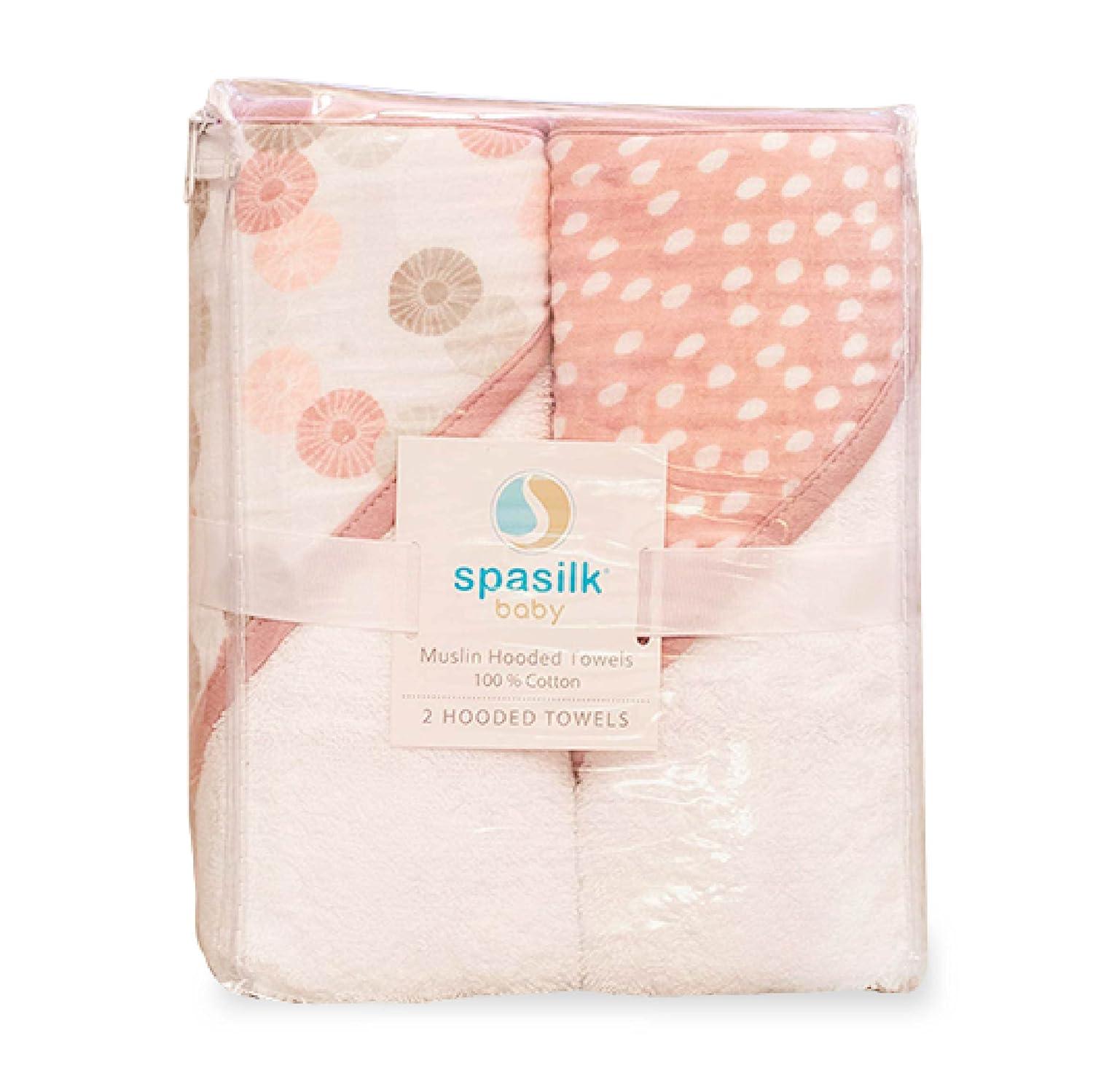 Spasilk Baby Hooded Towel Bath Set, Muslin Printed Hood, Pack of 2, Pink Shells