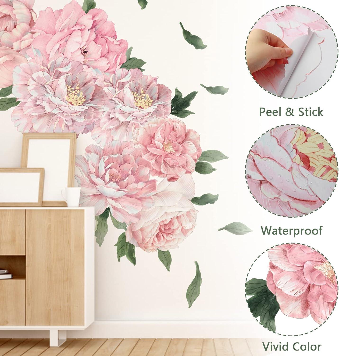 Ejiaya Peony Flowers Wall Sticker Waterproof PVC Peony Rose Flowers Wall Decals Removable Floral Wall Decor Sticker for Living Room Bedroom Nursery Room