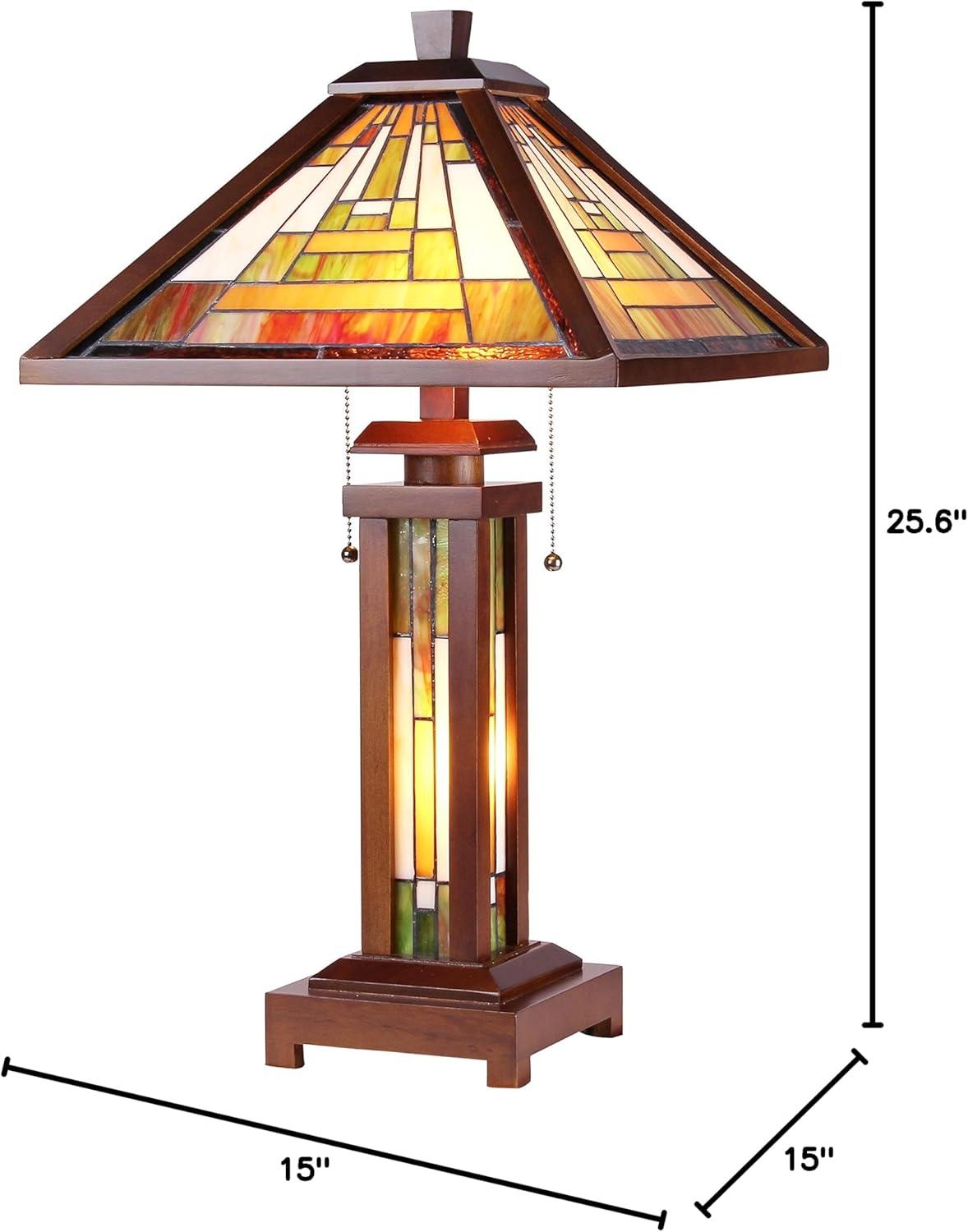 CHLOE Lighting GAWAIN Tiffany-style Mission 3 Light Double Lit Wooden Table Lamp 15" Shade