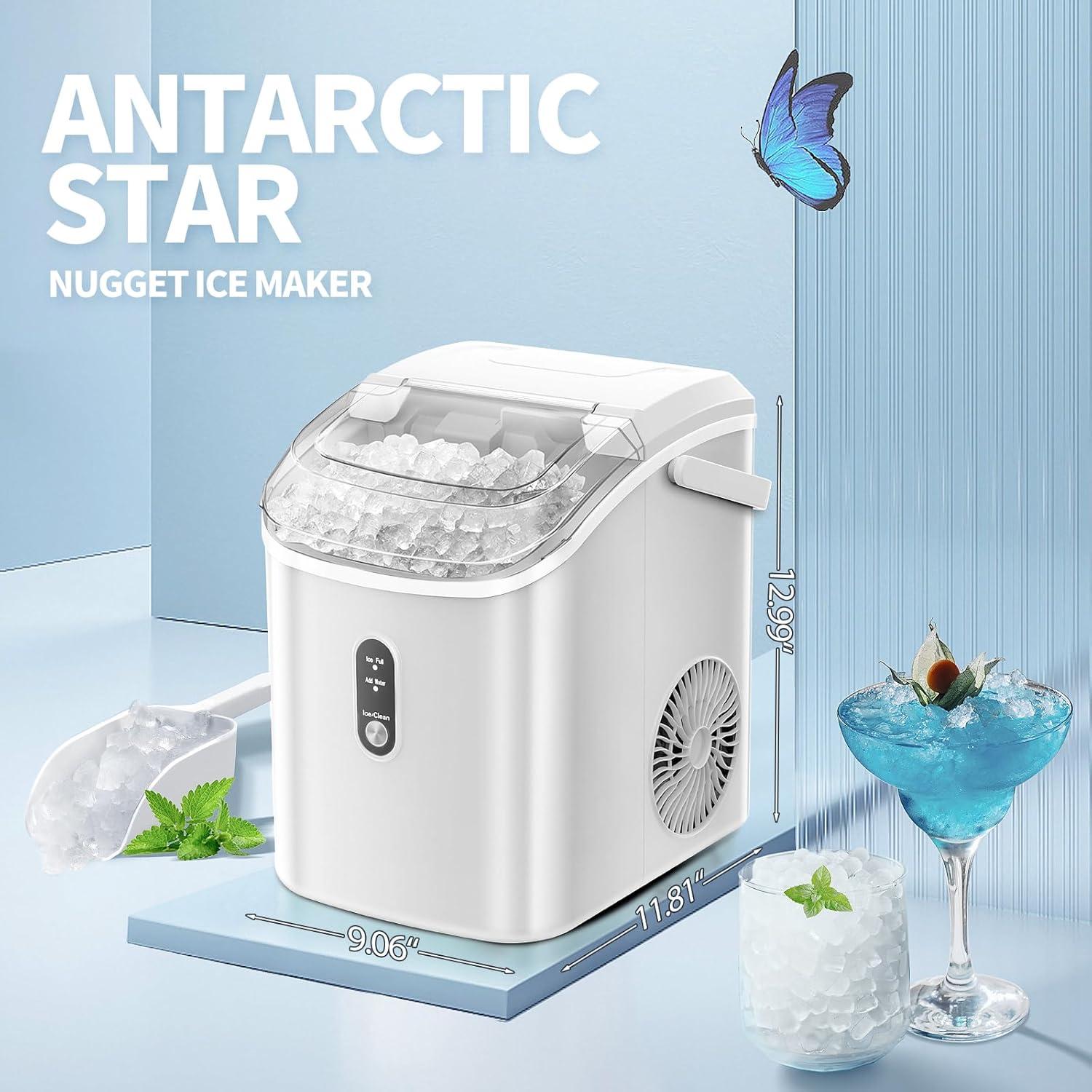 White Portable Countertop Nugget Ice Maker with Self-Cleaning