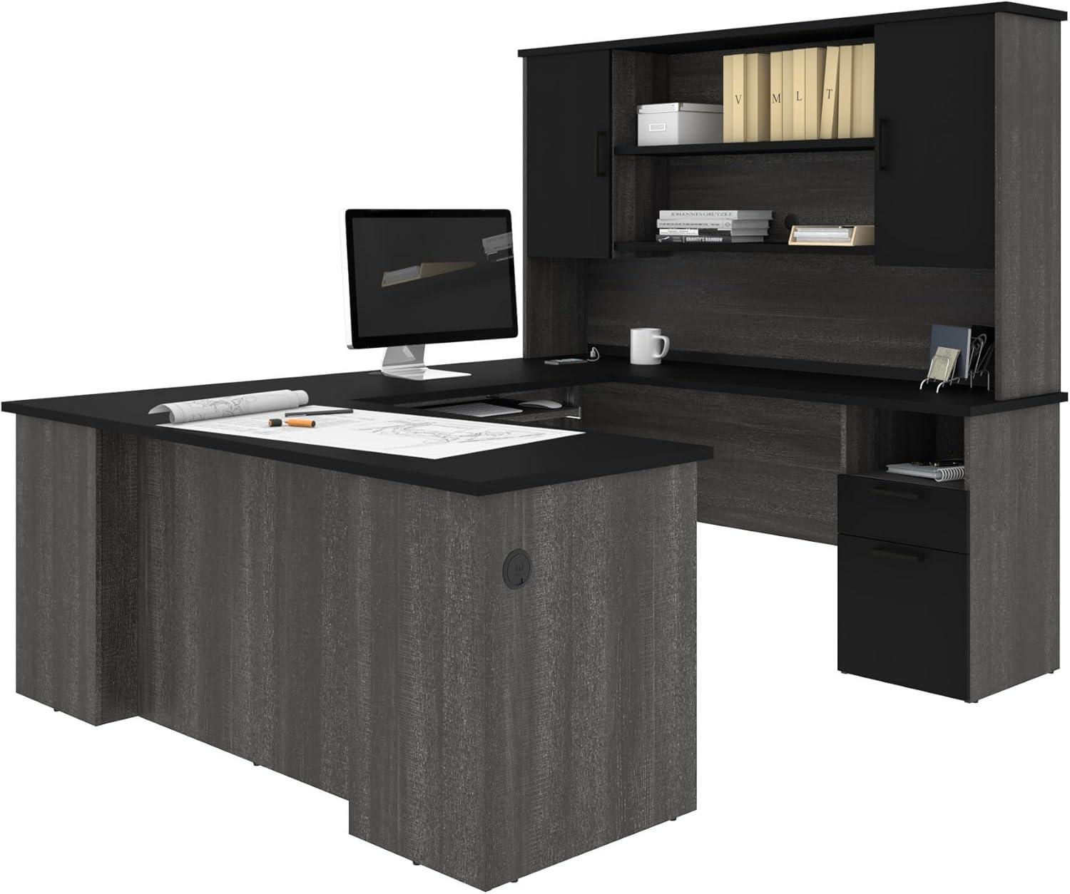 Black and Bark Gray Executive Corner Desk with Hutch and Power Outlets