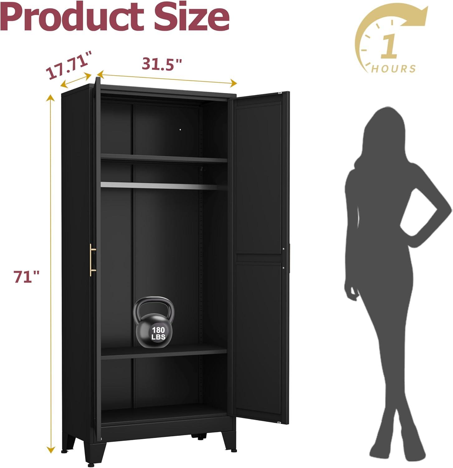 Metal Wardrobe Cabinet with Hanging Rod, 71" Metal Clothing Storage Cabinets with 2 Doors and Adjustable Shelves, Black Armoire Wardrobe Closet for Bedroom, Laundry Room, Cloak Room