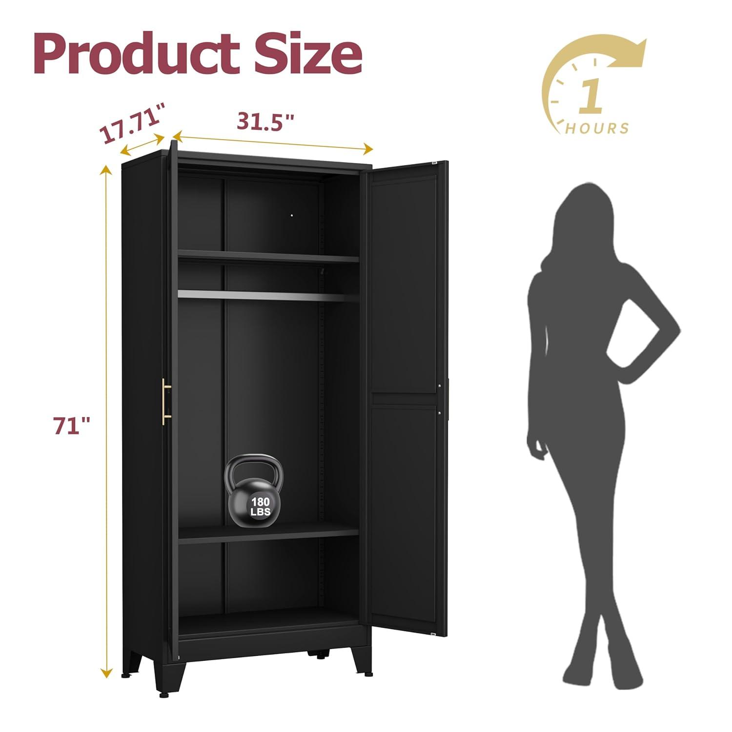 Metal Wardrobe Cabinet with Hanging Rod, 71" Metal Clothing Storage Cabinets with 2 Doors and Adjustable Shelves, Black Armoire Wardrobe Closet for Bedroom, Laundry Room, Cloak Room