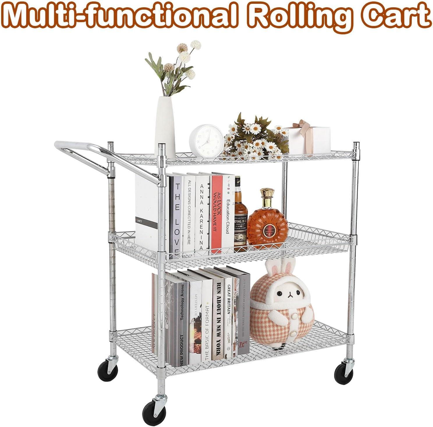 Ataucjin Commercial Grade Utility Cart, 3 Tires Wire Rolling Cart, Steel Service Cart with Wheels, Food Storage Trolley for Restaurant,Kitchen, Low Handle