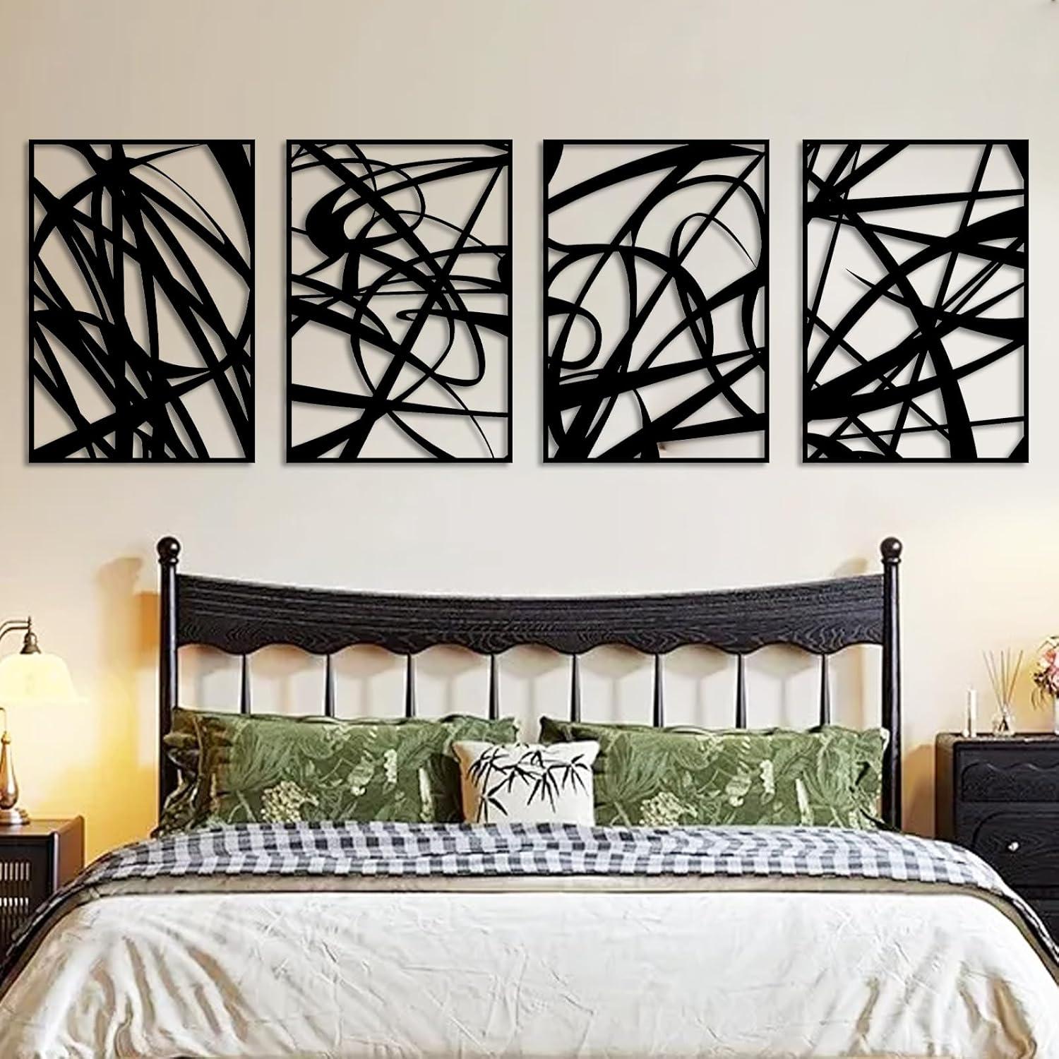 Large 4 Pack Black Abstract Metal Wall Art, Minimalist Décor Single Line Art Wall Décor, 3D Textured Metal Wall Sculptures, for Living Room Bedroom Bathroom Study Room (Black, L Size 22.5