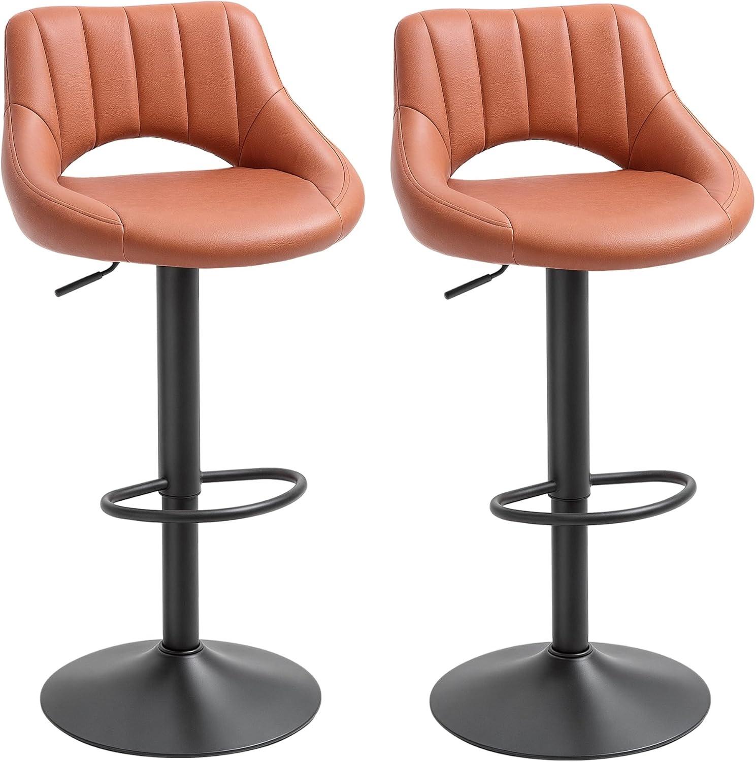 HOMCOM Modern Bar Stools Set of 2 Swivel Bar Height Barstools Chairs with Adjustable Height, Round Heavy Metal Base, and Footrest, Brown