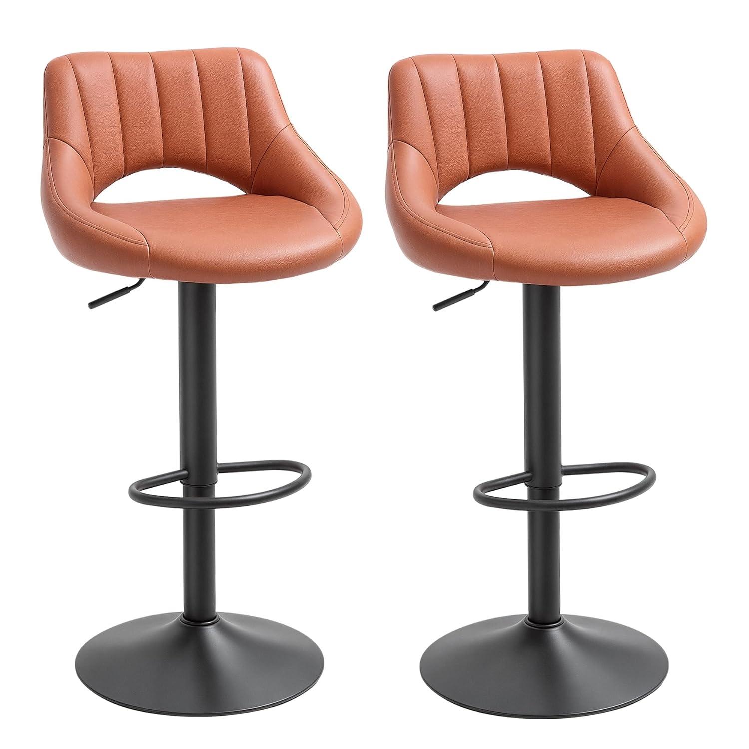 HOMCOM Modern Bar Stools Set of 2 Swivel Bar Height Barstools Chairs with Adjustable Height, Round Heavy Metal Base, and Footrest, Brown
